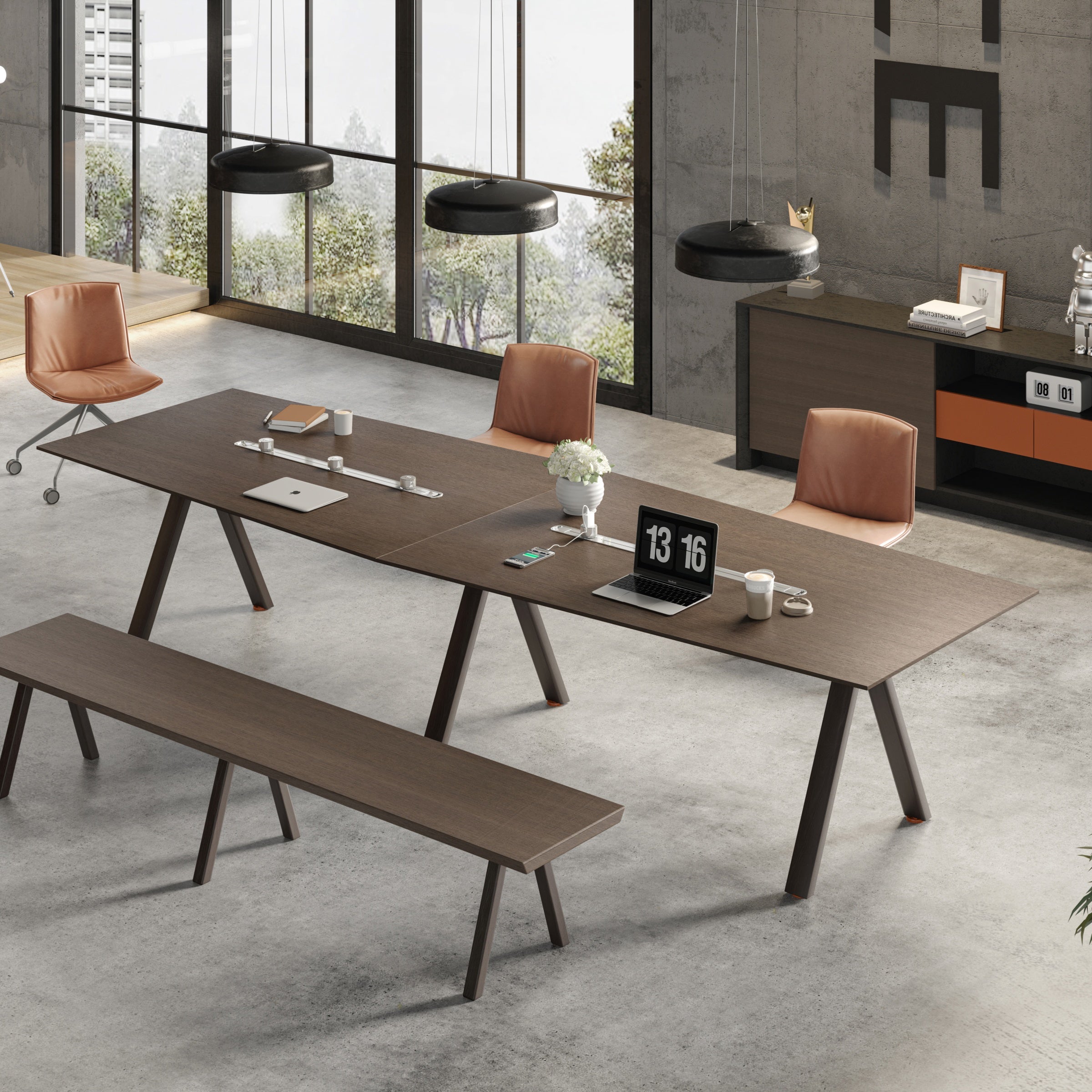 Saintcy X8812 Modern Industrial Conference Table - 3.6m Meeting Desk with A-Frame Steel Legs & Dual Multimedia Tracks
