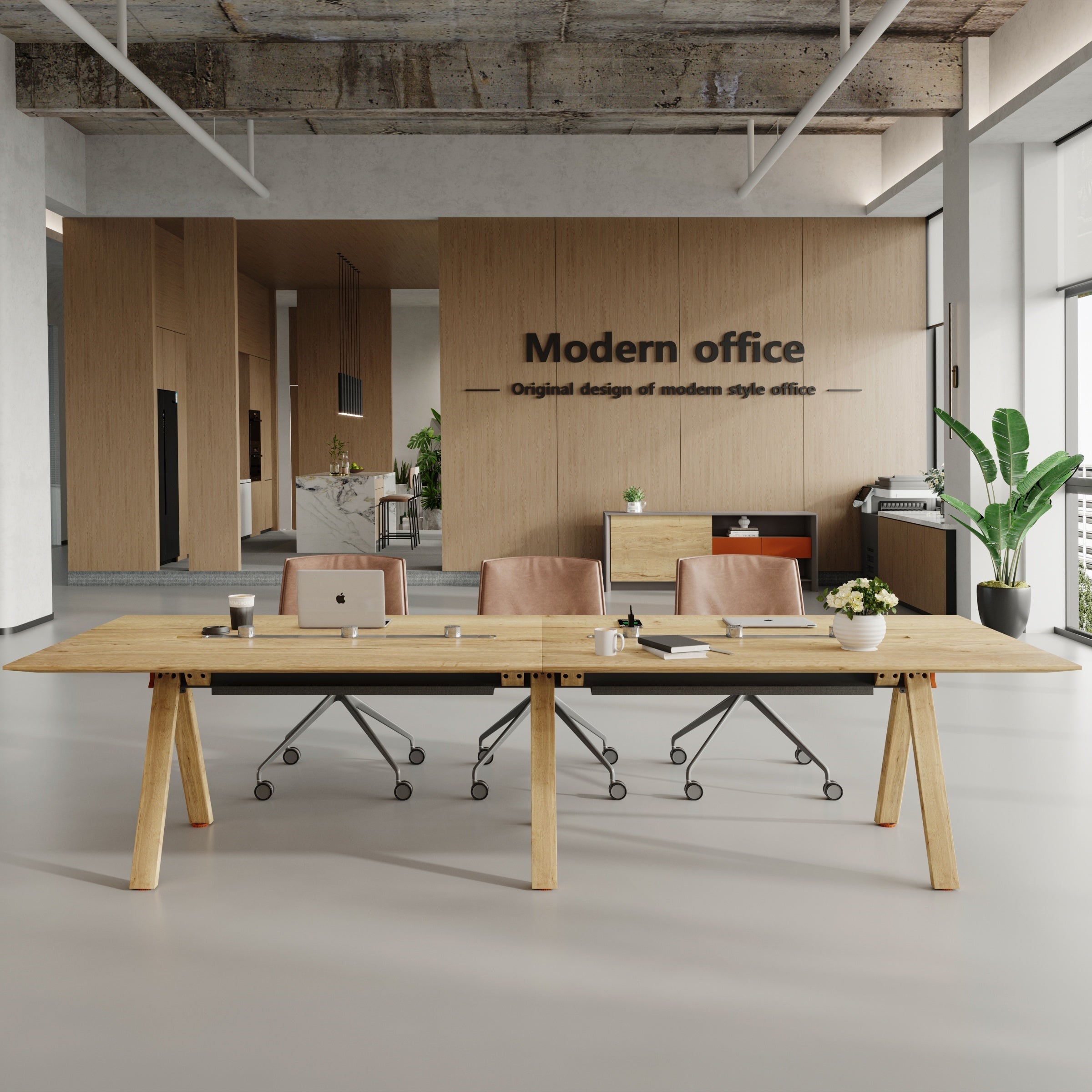 Saintcy X8812 Modern Industrial Conference Table - 3.6m Meeting Desk with A-Frame Steel Legs & Dual Multimedia Tracks