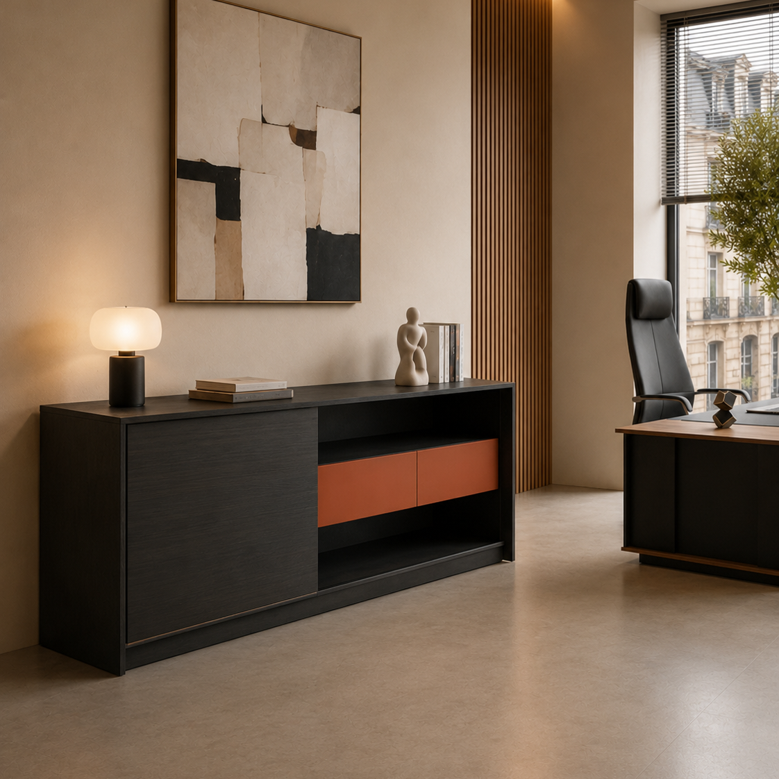 Saintcy XS003 Modern Executive Low Bookcase - 2.0m Office Sideboard Cabinet with Sliding Door and Terracotta Accent Drawers