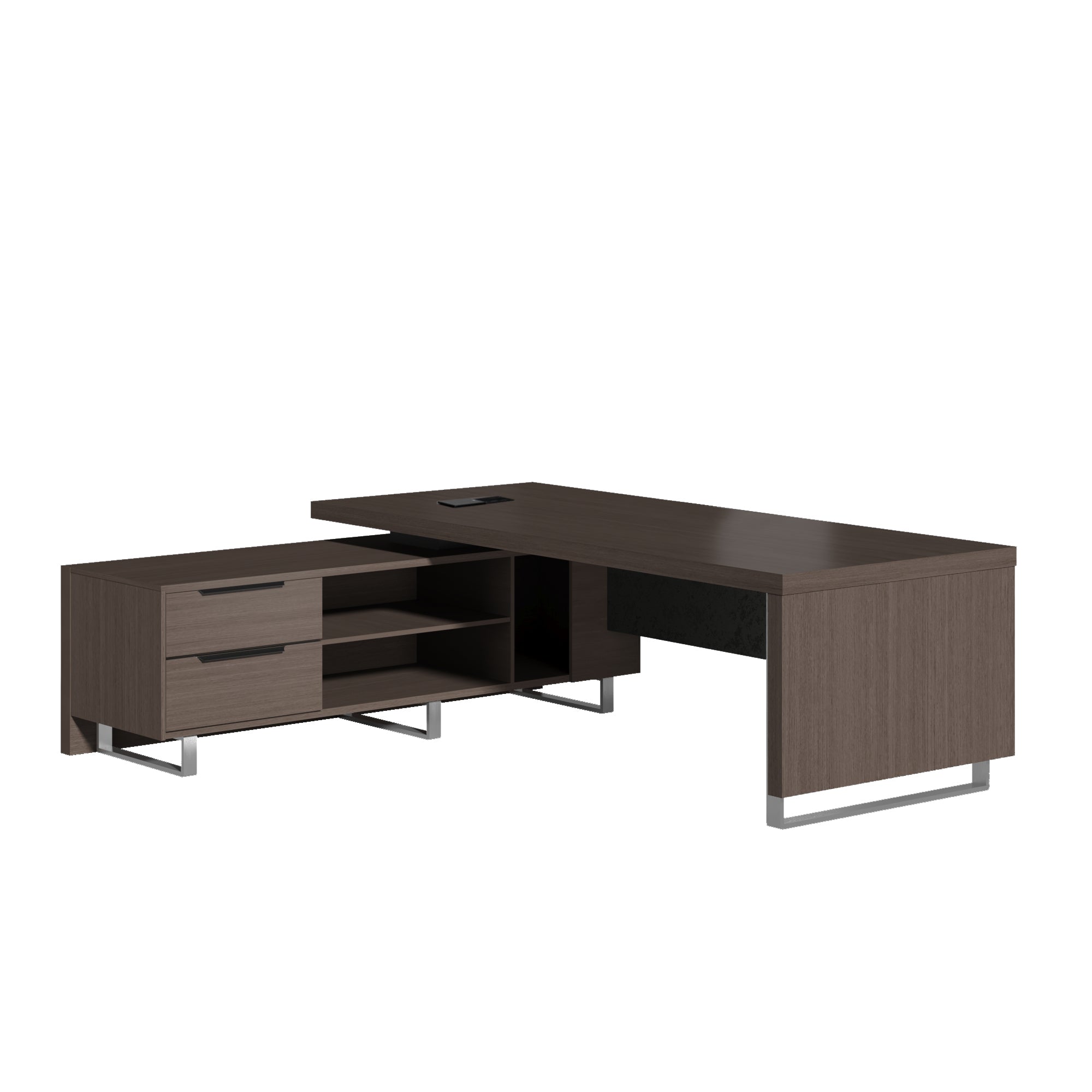 Saintcy D802 Luxury L-Shaped Executive Desk - 94" Modern Managerial Workstation with Floating Top and Chrome Sled Accents