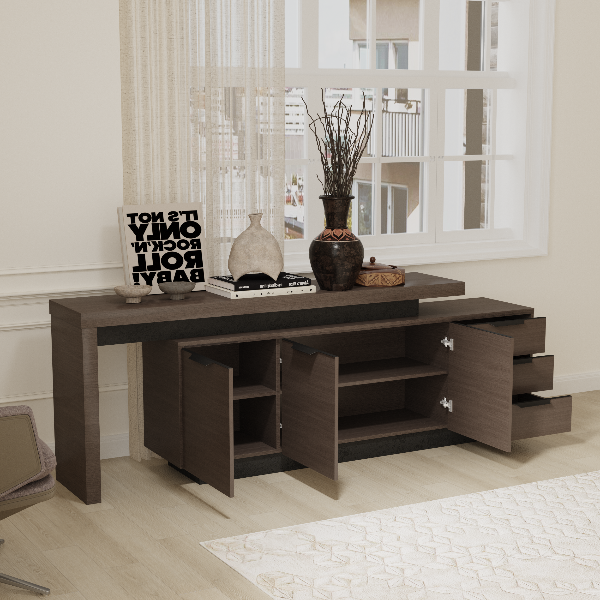 Saintcy DT001 Modern Executive Low Credenza - 79" Office Sideboard Cabinet with Slatted Architectural Panel and Chevron Walnut Accent