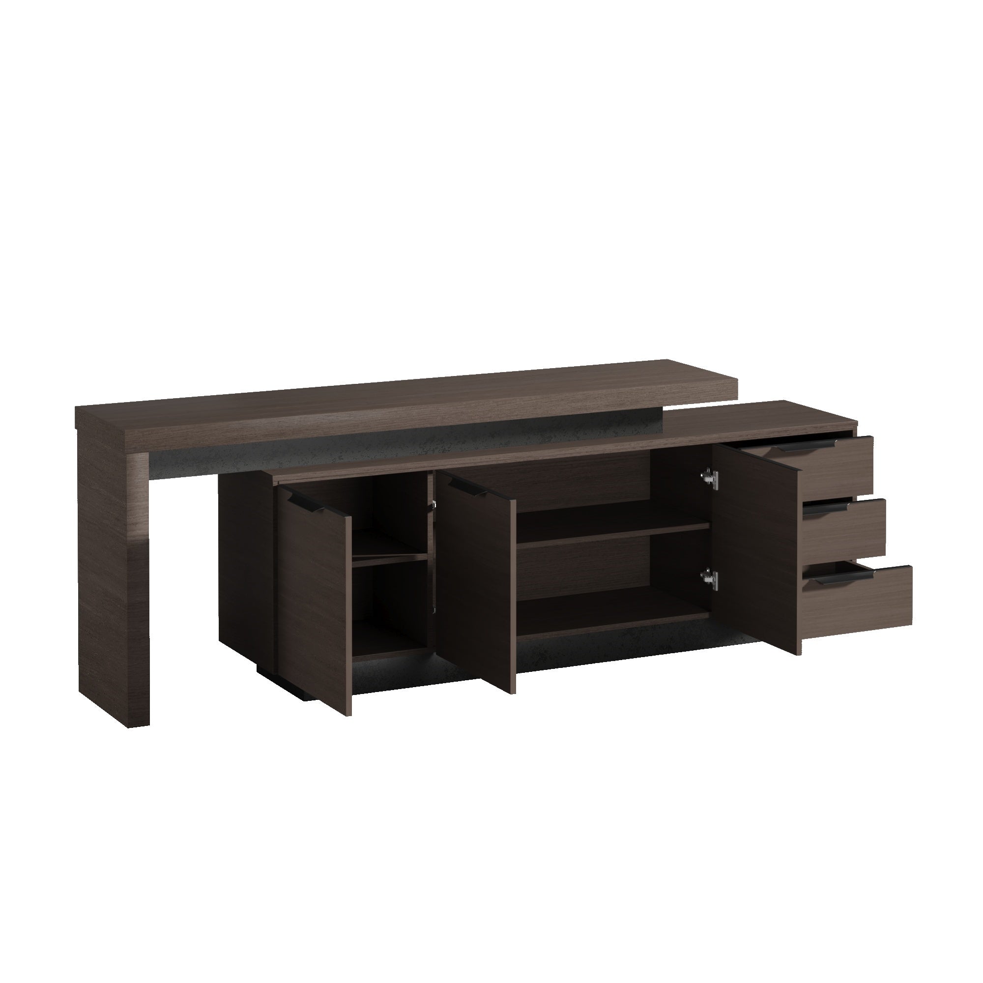 Saintcy DT001 Modern Executive Low Credenza - 79" Office Sideboard Cabinet with Slatted Architectural Panel and Chevron Walnut Accent
