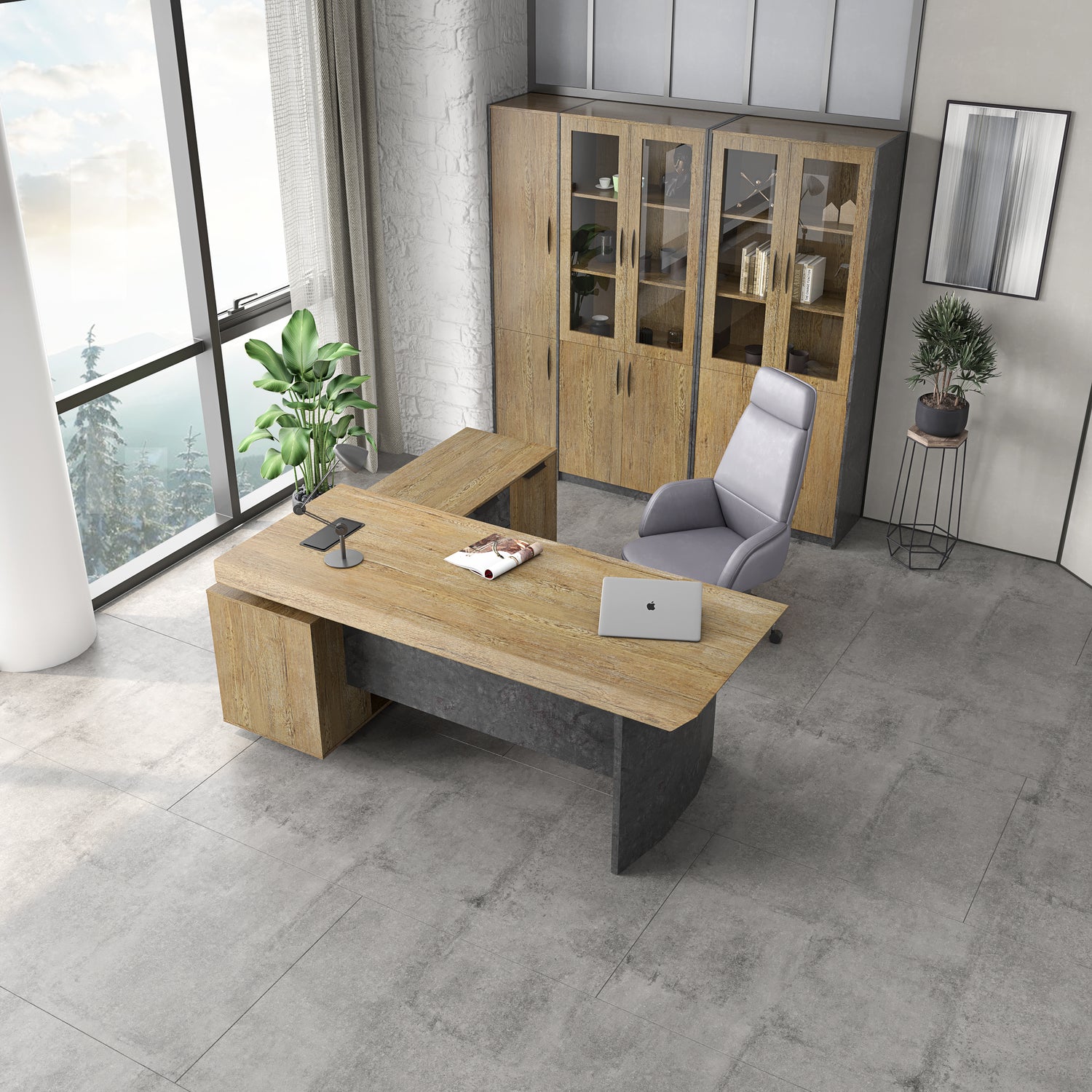 Saintcy P3507 Modern Industrial Executive Desk - Professional L-Shaped Managerial Table