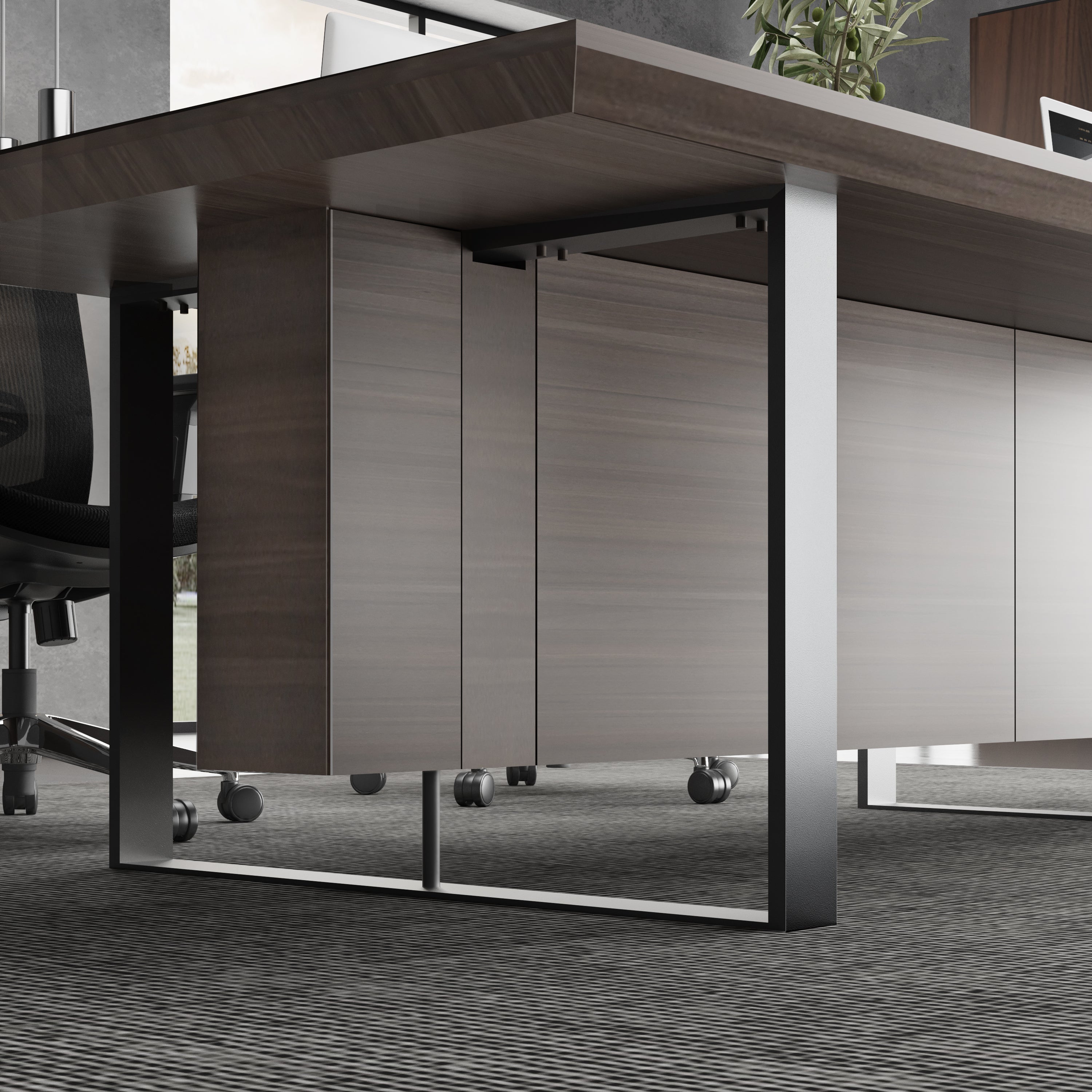 Saintcy W610 Modern Industrial Conference Table - 94" Meeting Room Desk with Chevron Walnut Top and Architectural Slatted Steel Base