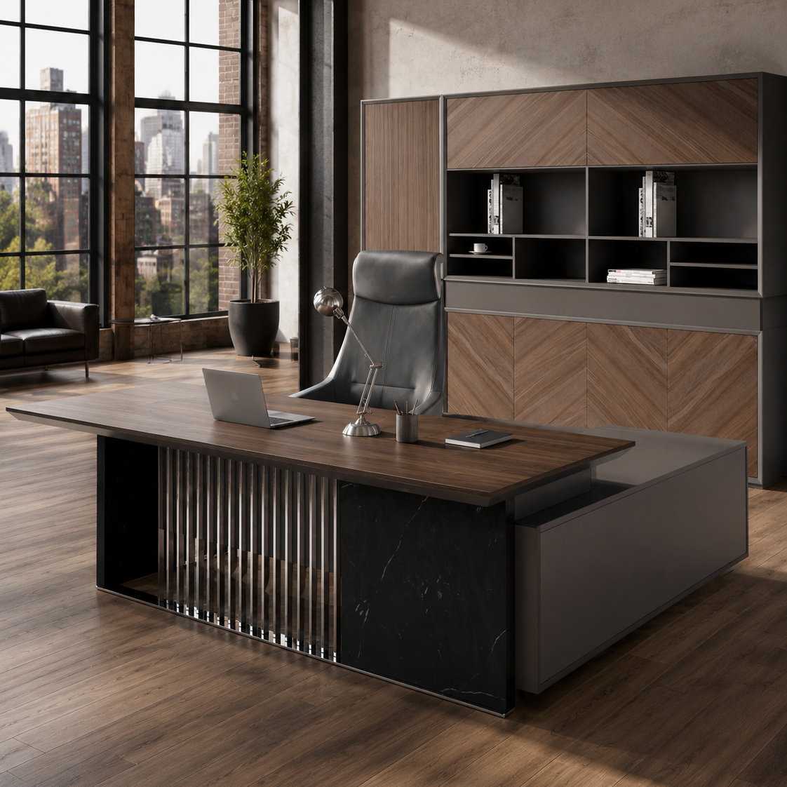 Saintcy W601 Luxury L-Shaped Executive Desk - Modern Industrial Command Workstation with Slatted Metal Screen & Marble Accent (87" / 110" / 126")
