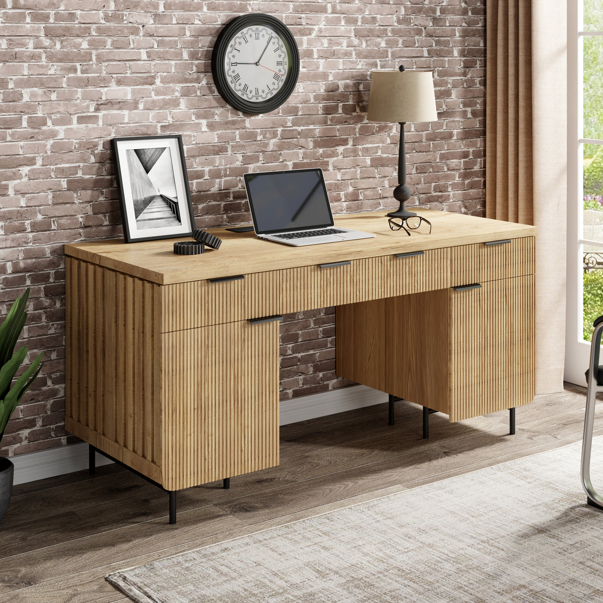 Saintcy Fluted Studio Desk with Metal Base