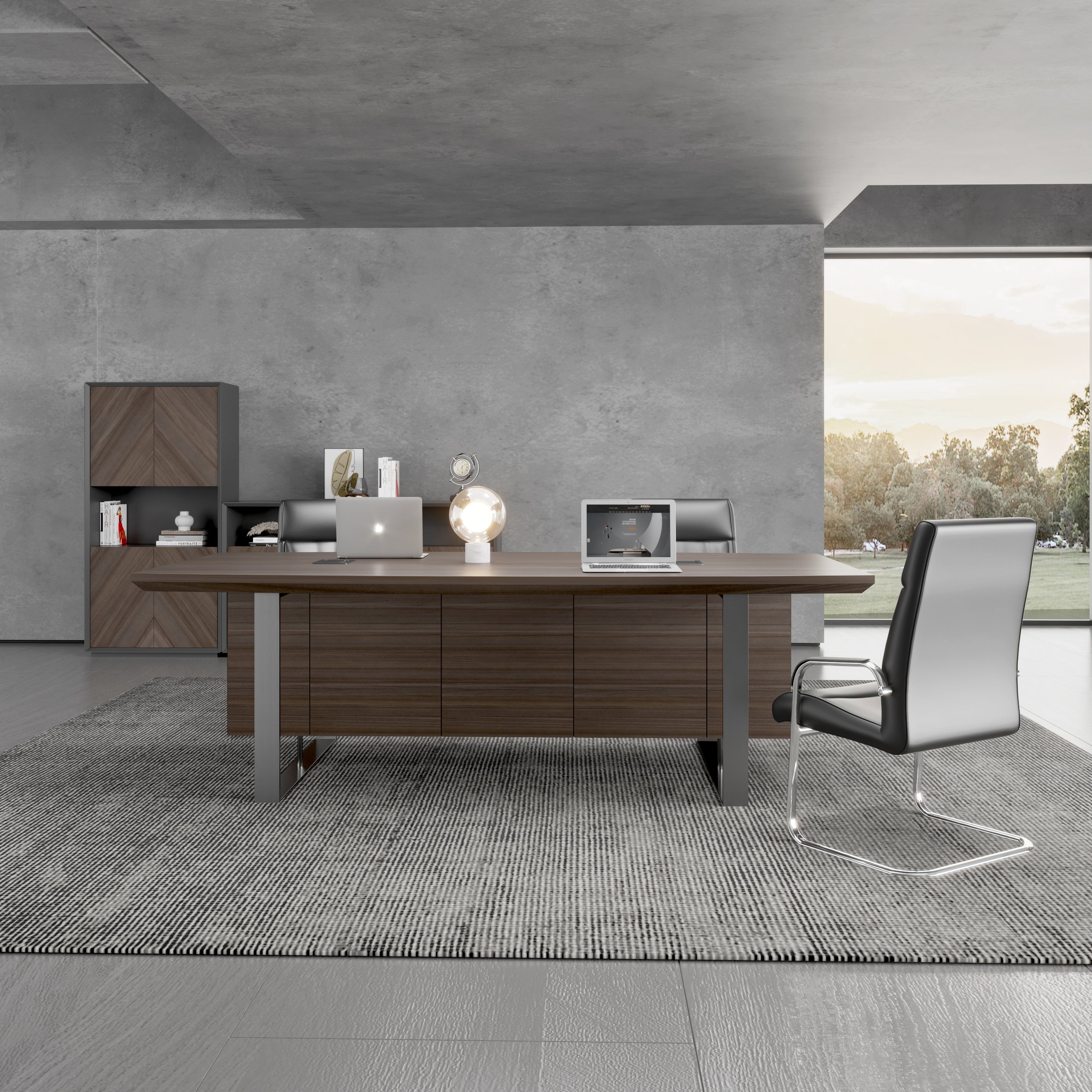Saintcy W610 Modern Industrial Conference Table - 94" Meeting Room Desk with Chevron Walnut Top and Architectural Slatted Steel Base