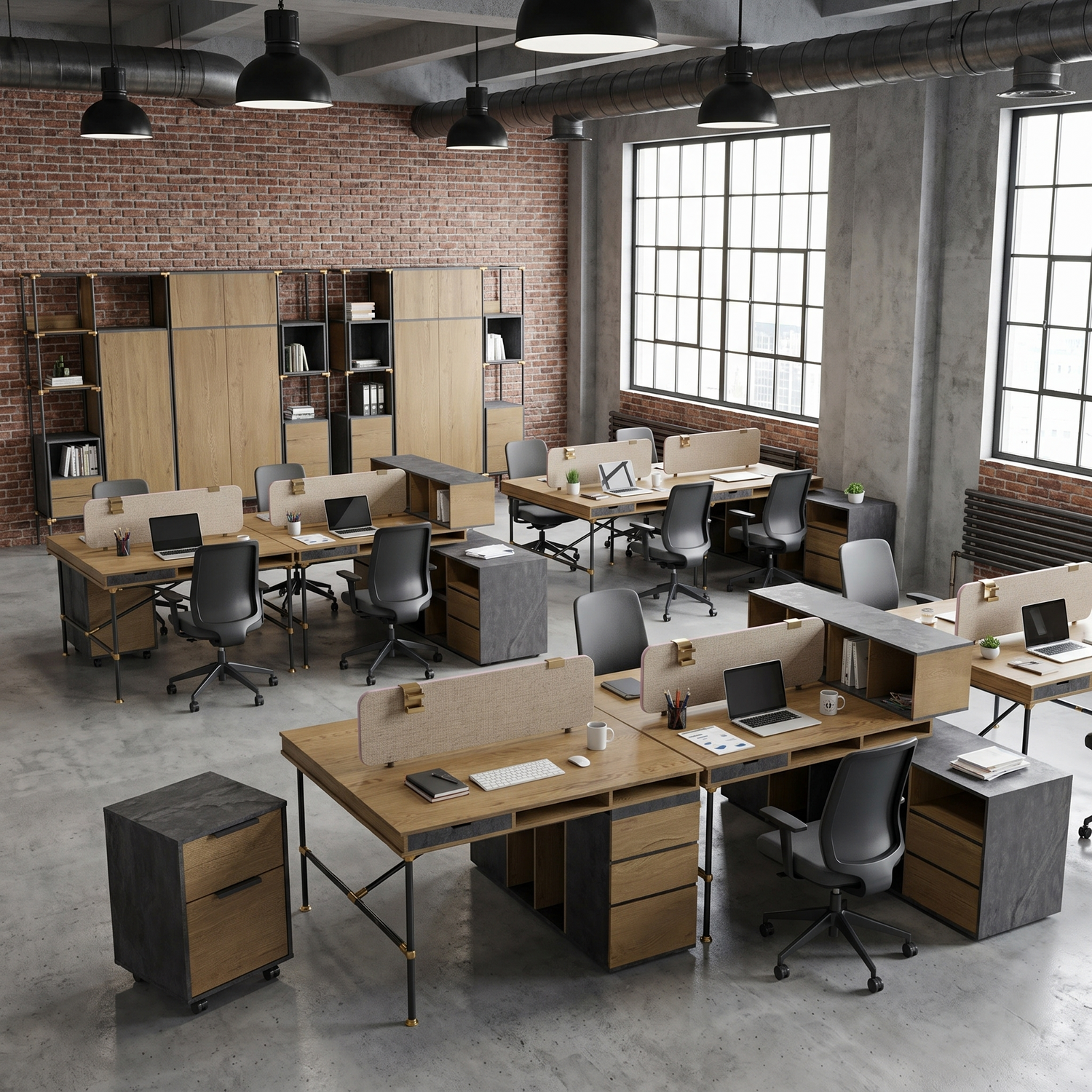 Saintcy Industrial Pipe-Leg Collaborative Workstation - Multi-User Modular Office Suite with Integrated Privacy Screens (PW Series)