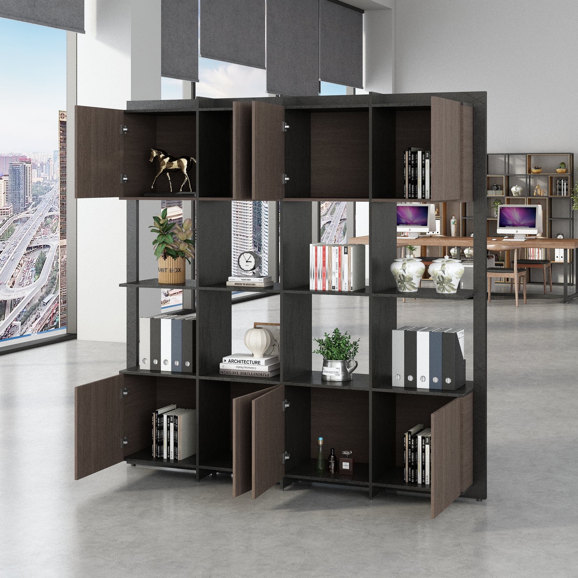 Saintcy XS006B Modern Executive Cabinet - 2.0m Open-Grid Display Bookcase with Concealed Upper and Lower Storage