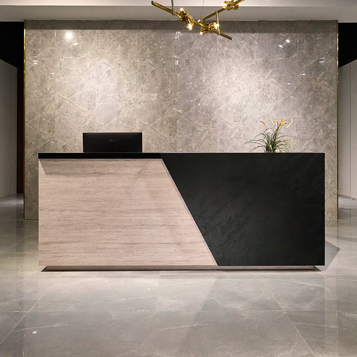 Saintcy WR004 Modern Architectural Reception Desk - Dual-Station Front Counter with Asymmetric Stone Finish (2000mm / 2200mm)