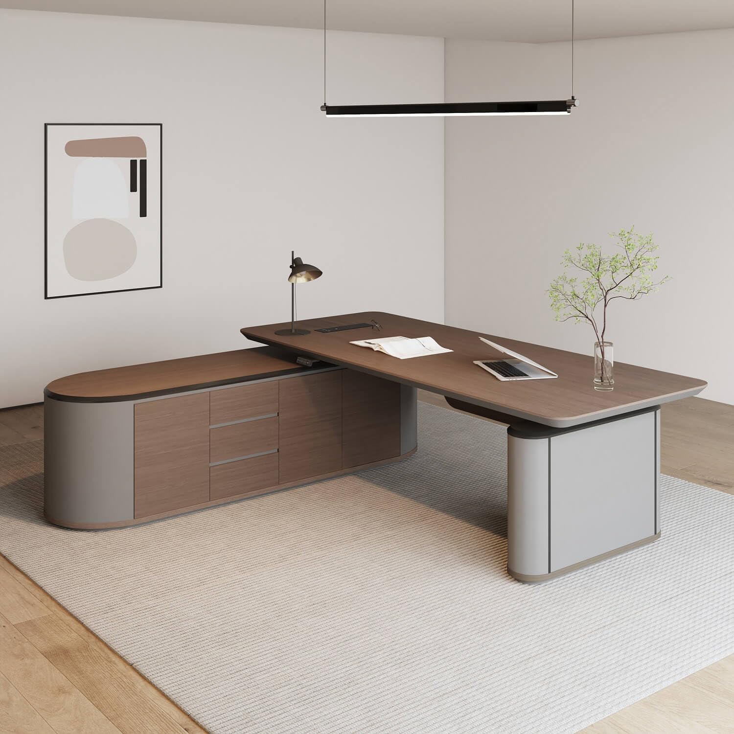 SAINTCY L-Shaped Height-Adjustable Executive Standing Desk with Side Storage & Privacy Panel | 2200 mm