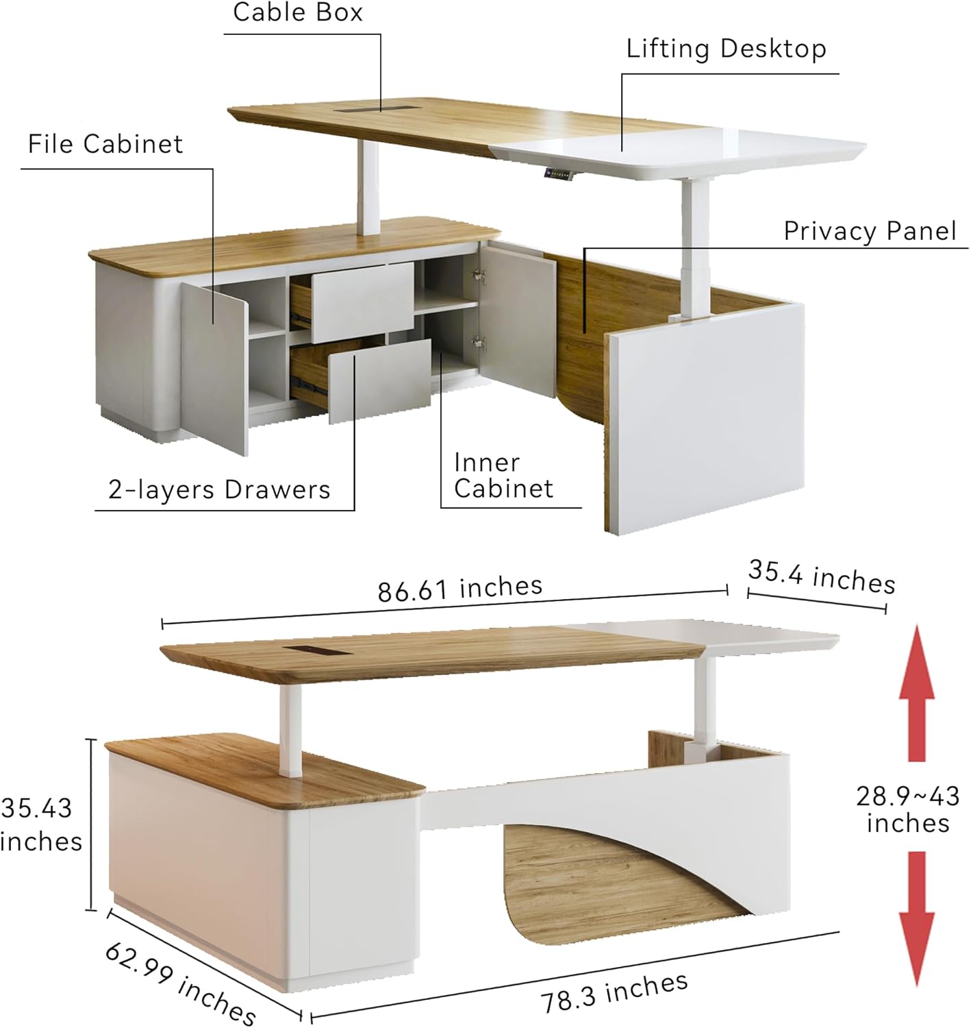 SAINTCY Modern L-Shaped Standing Executive Desk with Storage Cabinets and Height Adjustment for Office