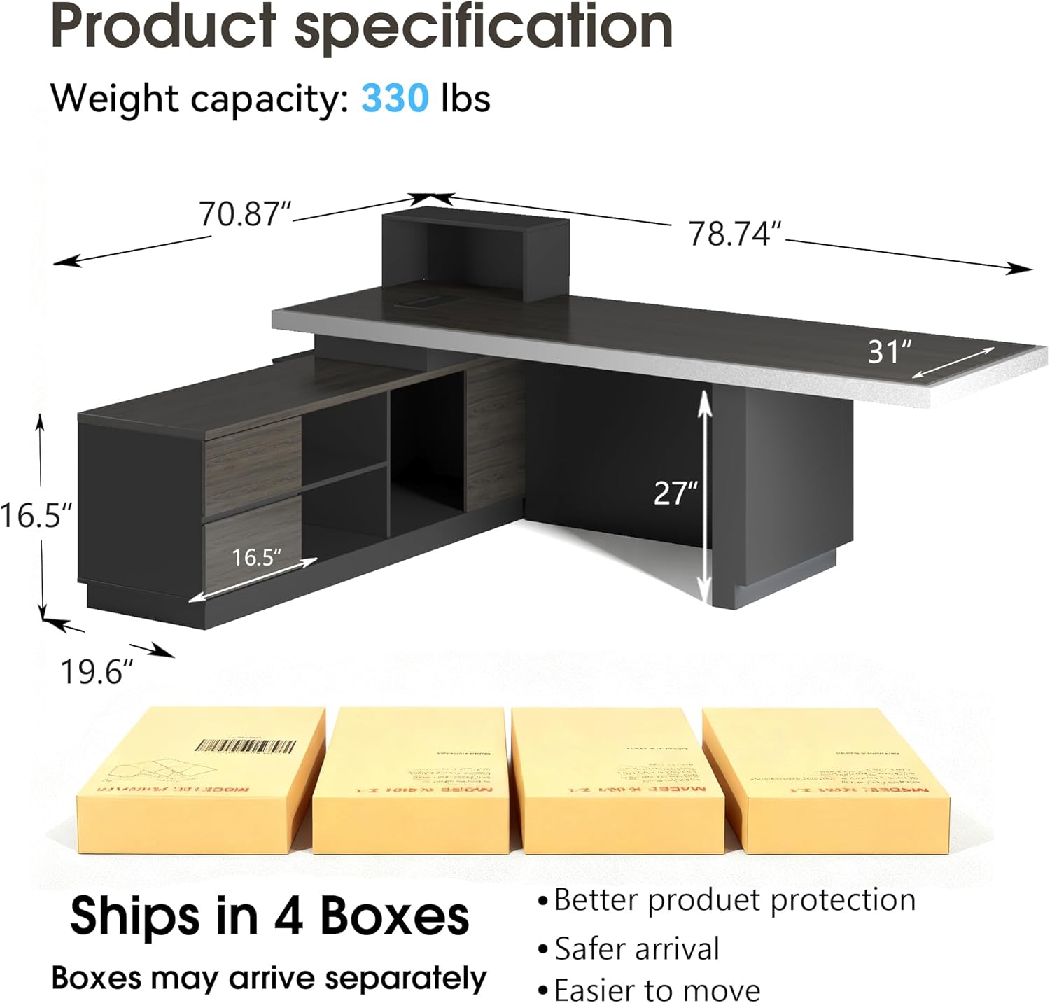 Saintcy Modern L-Shaped Executive Desk with Storage Cabinet and Shelving for Home or Office
