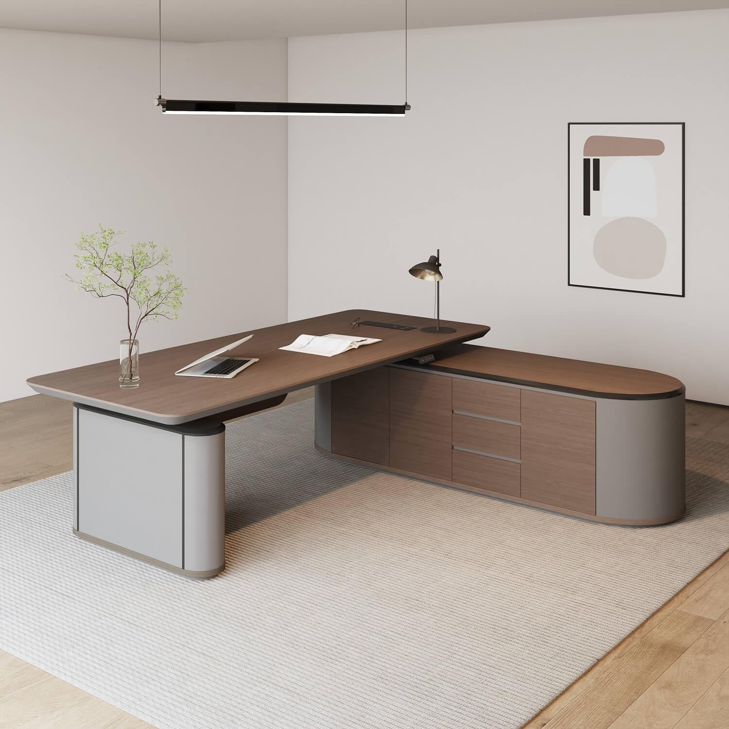 SAINTCY Modern L-Shaped Standing Executive Desk with Storage Cabinet and Height Adjustment for Office