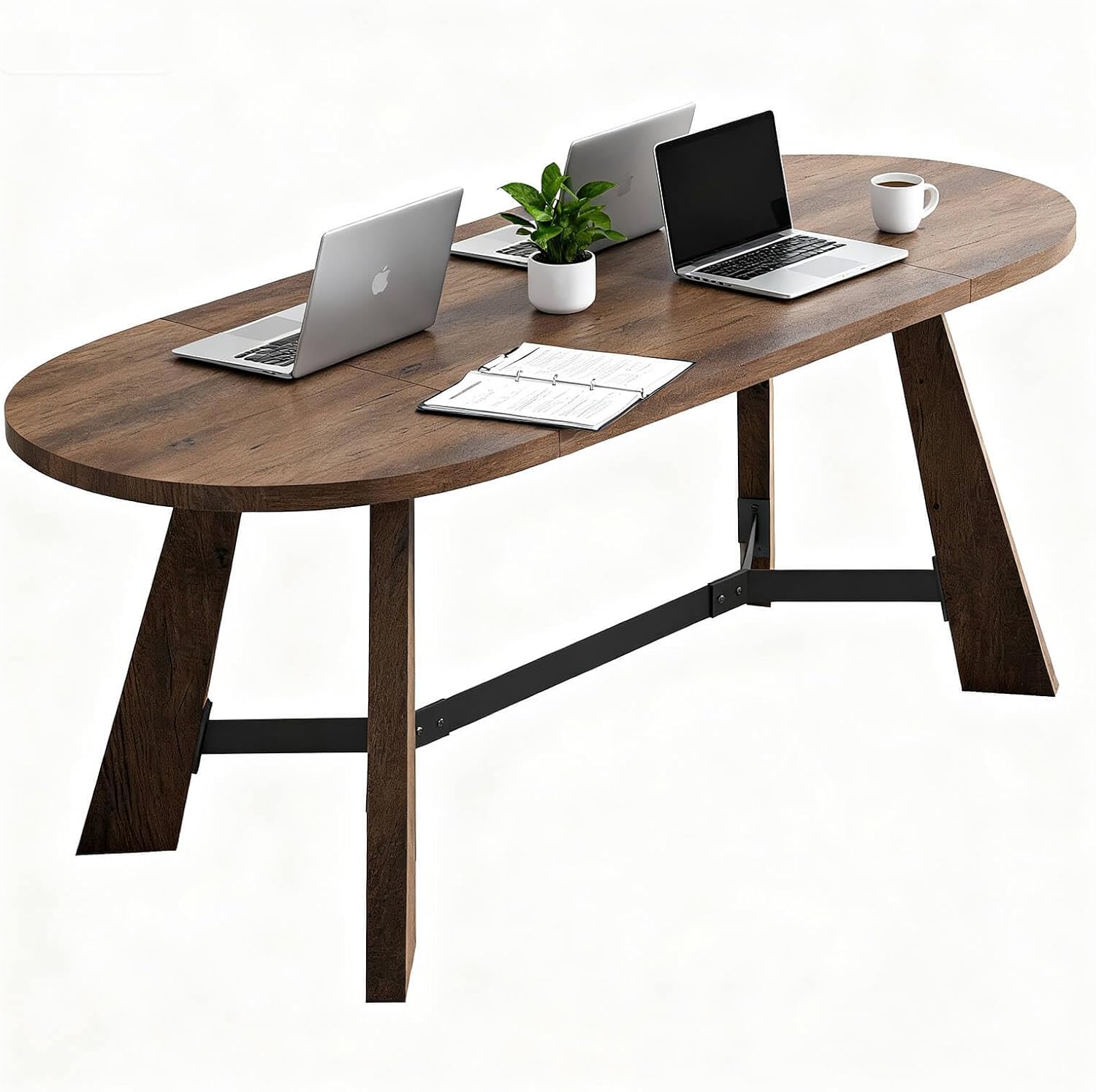 SAINTCY Modern Oval Wood Office Desk, 70.8" Rustic Industrial Writing Desk for Home Office, Meeting & Dining Use