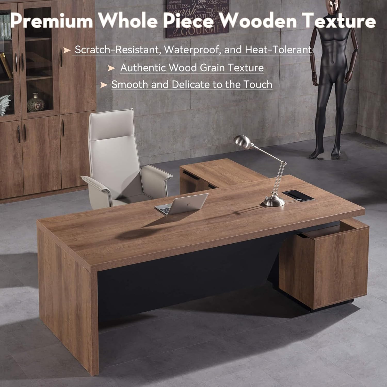 Saintcy Expandable Executive Desk with Integrated Storage Cabinet, Modern Office Desk with Cable Management for Home & Professional Workspaces