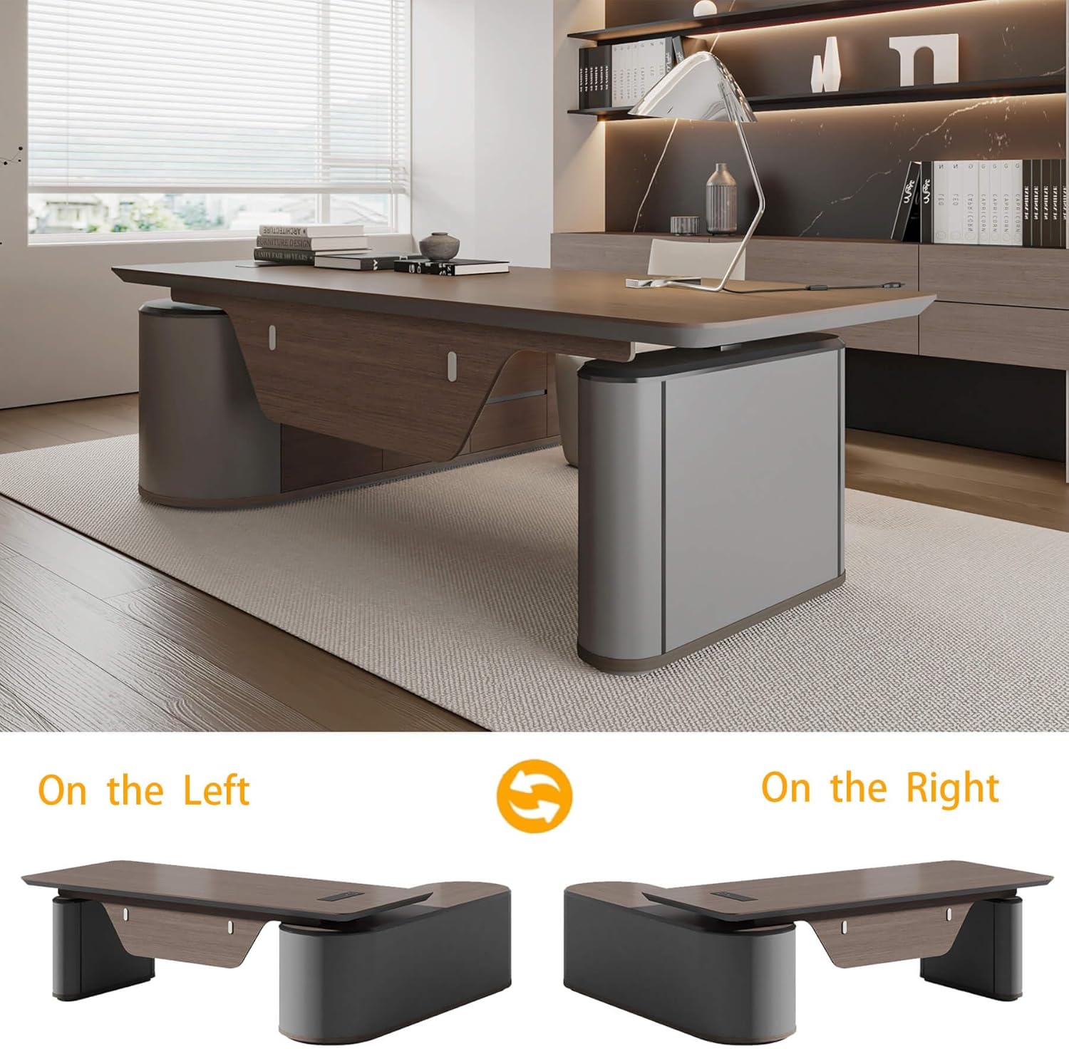 SAINTCY Modern L-Shaped Standing Executive Desk with Storage Cabinet and Height Adjustment for Office