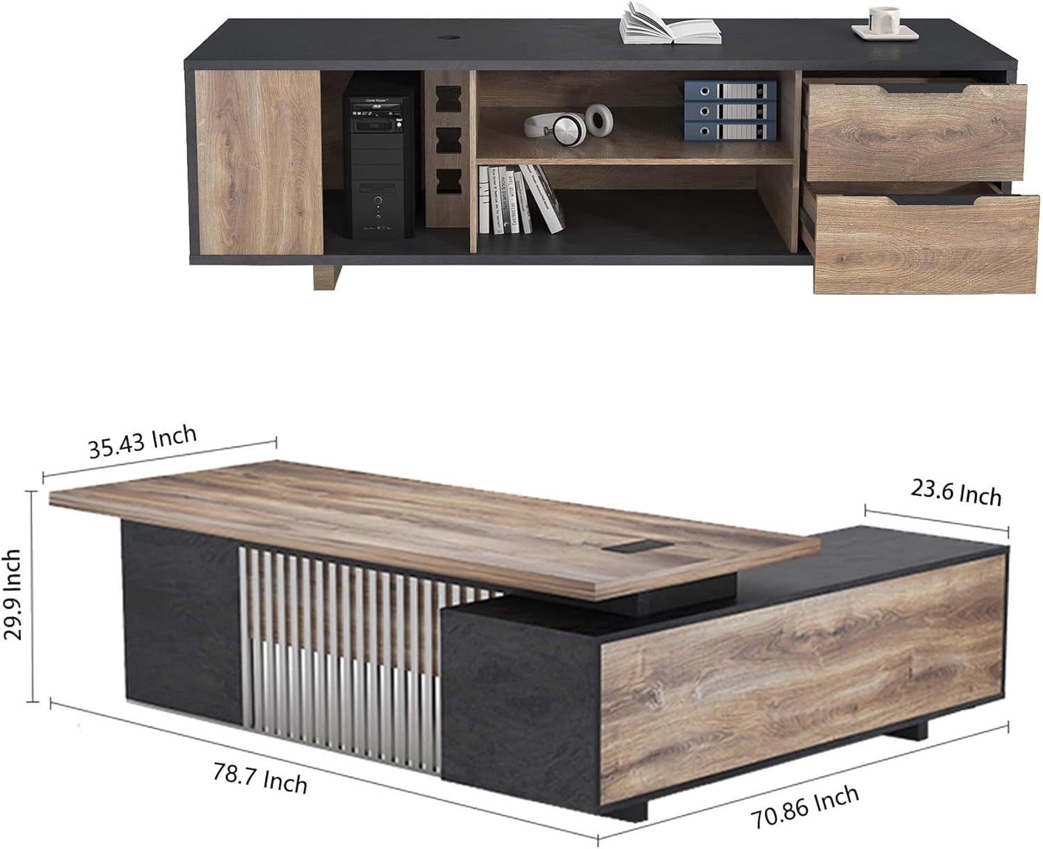Saintcy Modern Executive L-Shaped Desk with Integrated Storage & Slatted Front Detail