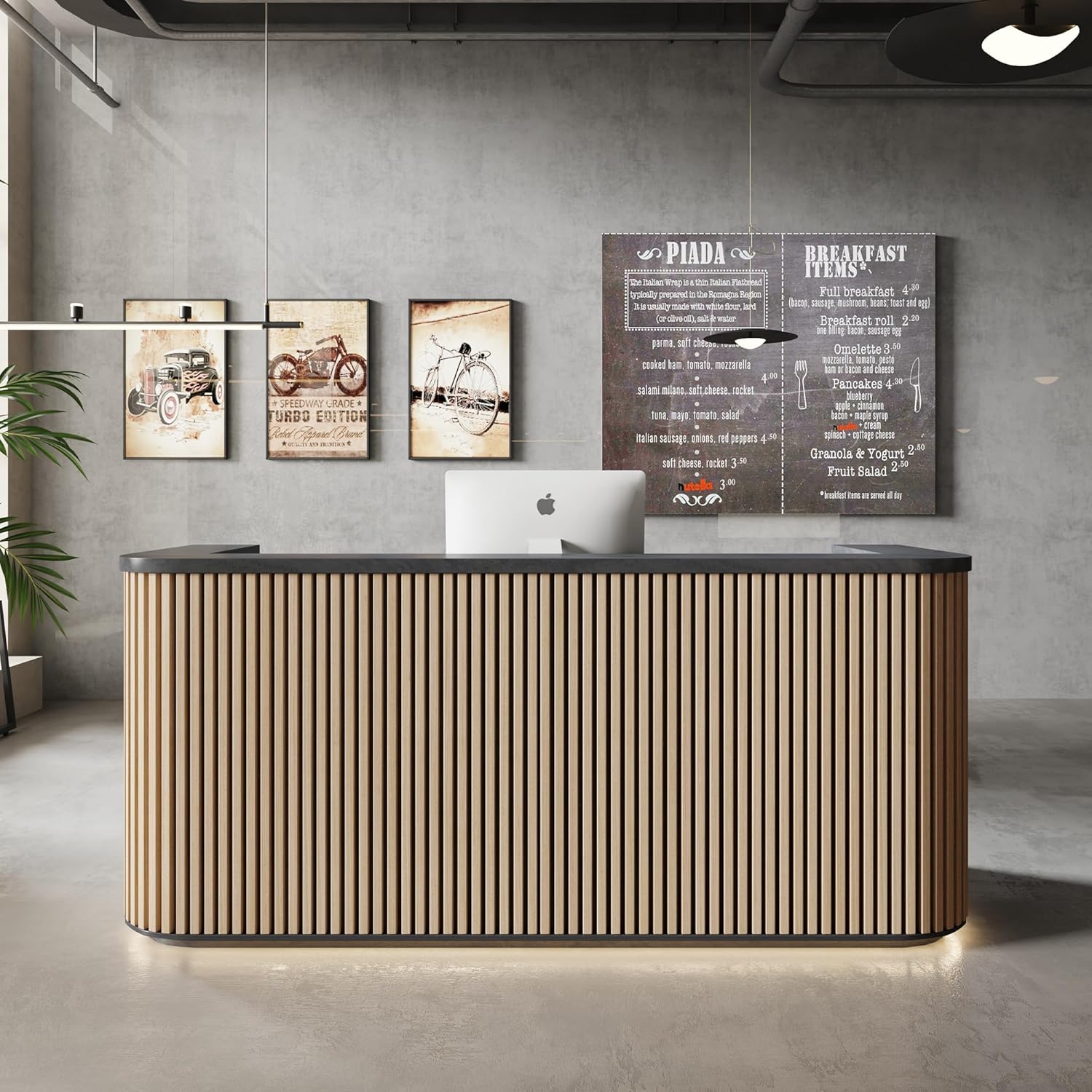 SAINTCY 70.87" Curved Reception Desk with Counter, Modern Black Front Desk with Power Outlets & LED Lighting, Engineered Wood Reception Counter for Office, Salon, Lobby & Retail Checkout