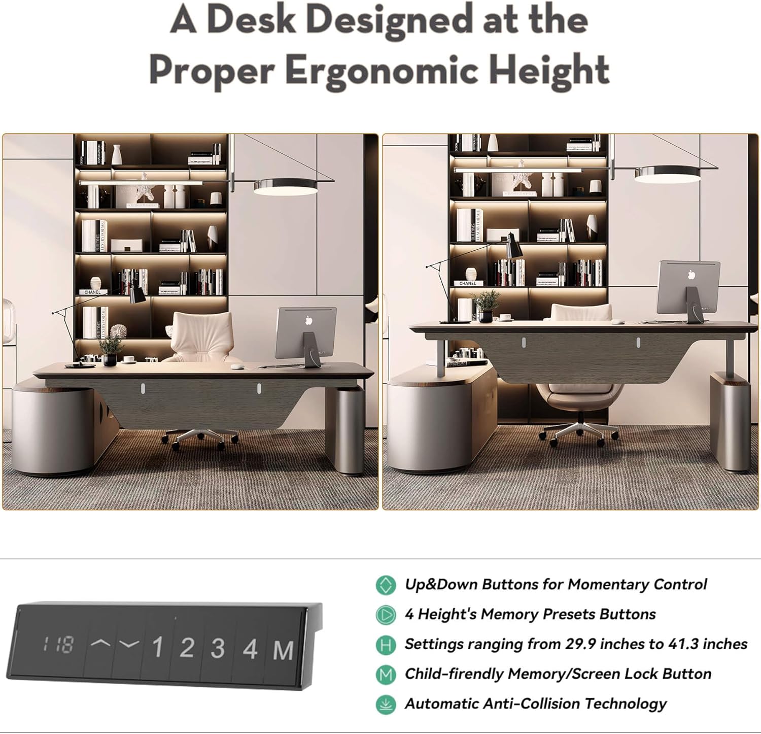 SAINTCY Modern L-Shaped Standing Executive Desk with Storage Cabinet and Height Adjustment for Office