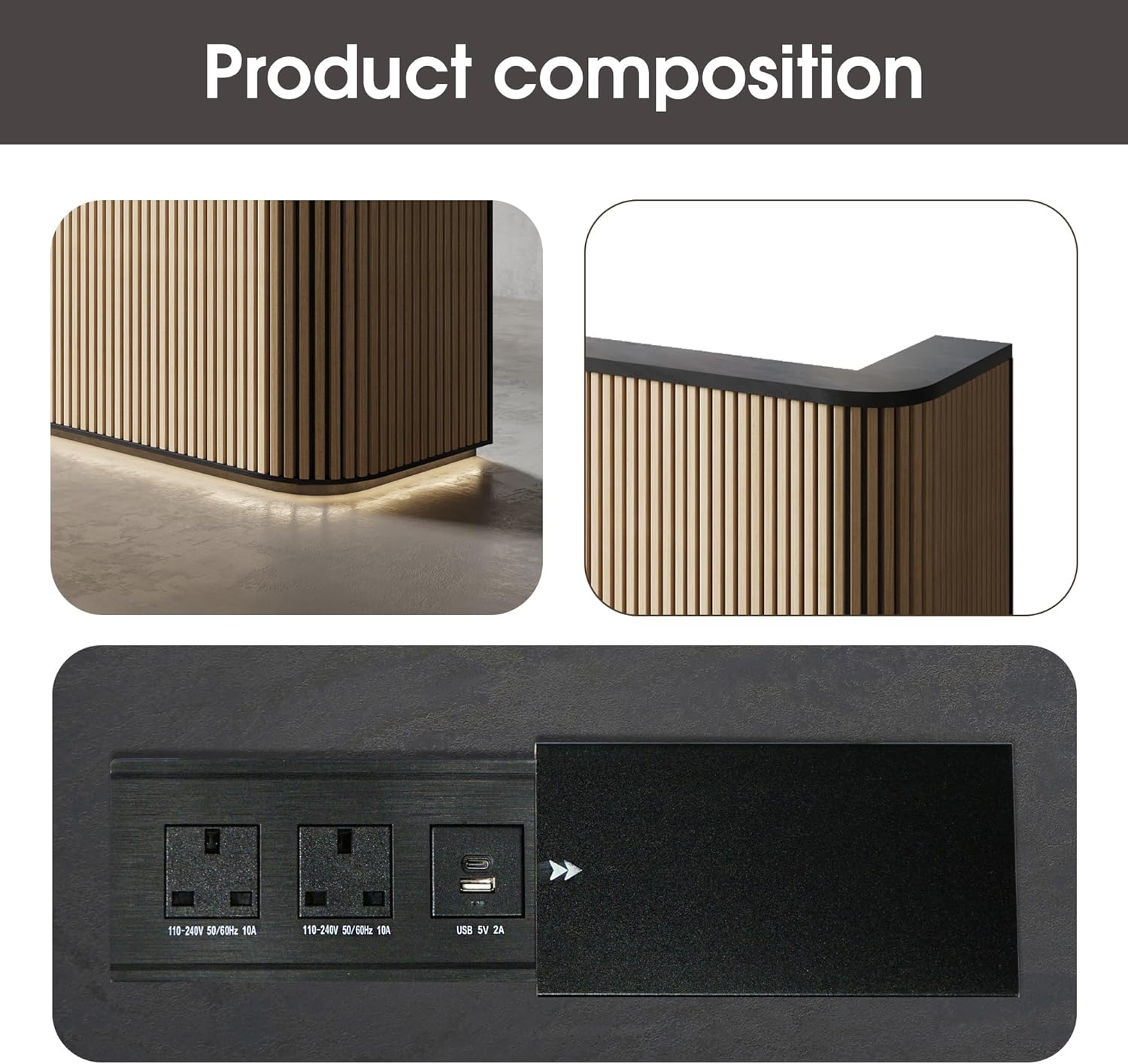 SAINTCY 70.87" Curved Reception Desk with Counter, Modern Black Front Desk with Power Outlets & LED Lighting, Engineered Wood Reception Counter for Office, Salon, Lobby & Retail Checkout