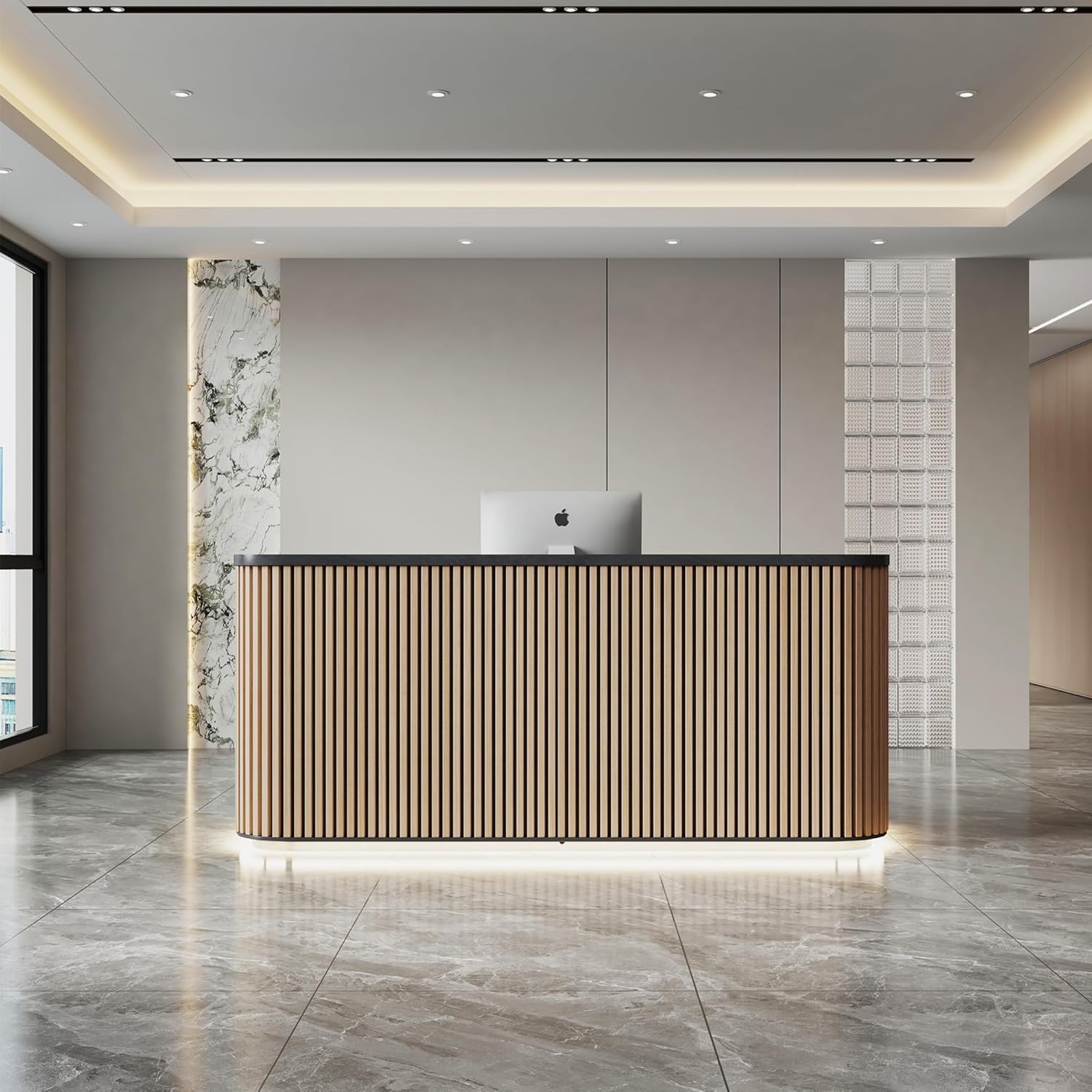 SAINTCY 70.87" Curved Reception Desk with Counter, Modern Black Front Desk with Power Outlets & LED Lighting, Engineered Wood Reception Counter for Office, Salon, Lobby & Retail Checkout