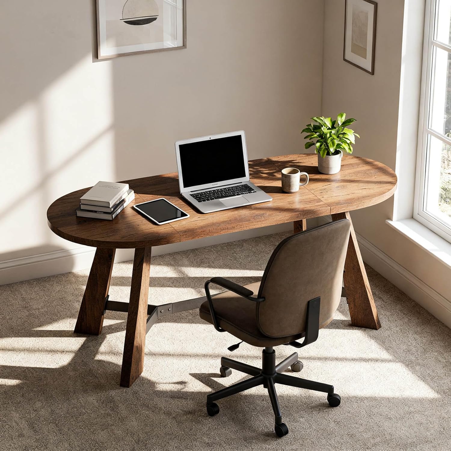 SAINTCY Modern Oval Wood Office Desk, 70.8" Rustic Industrial Writing Desk for Home Office, Meeting & Dining Use