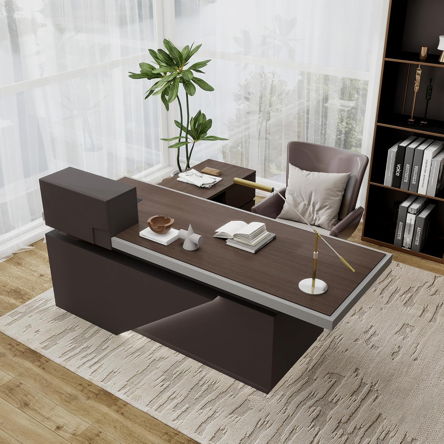 Saintcy Modern L-Shaped Executive Desk with Storage Cabinet and Shelving for Home or Office