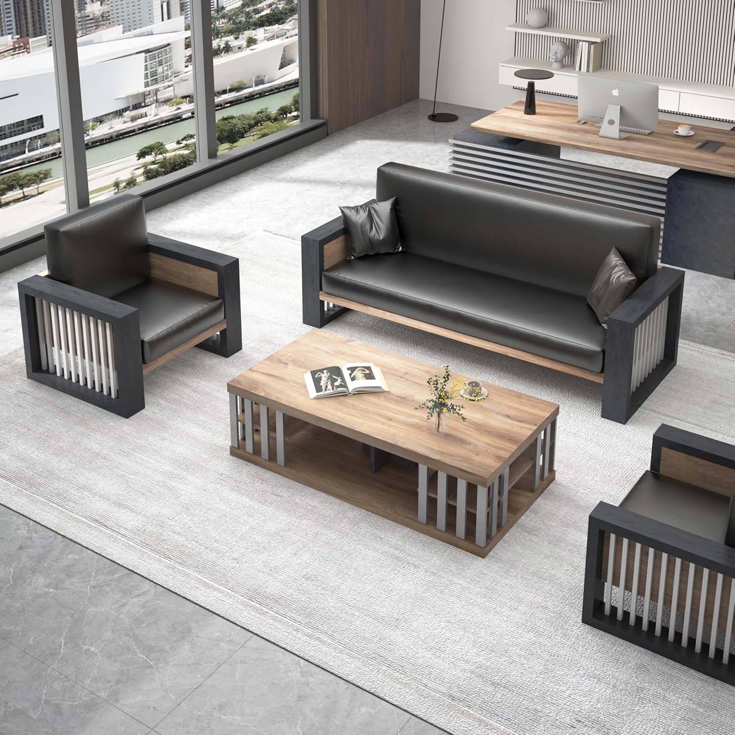 SAINTCY Mid-Century Modern 3-Piece Faux Leather Sofa Set with Coffee Table for Living Room or Office