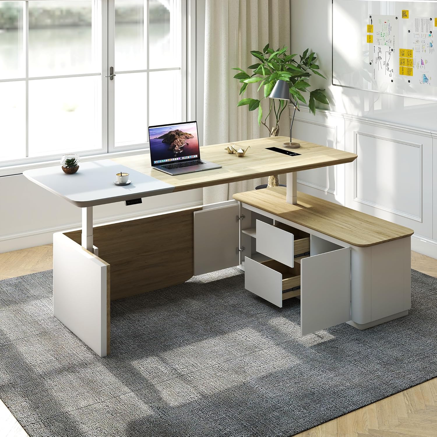 SAINTCY Modern L-Shaped Standing Executive Desk with Storage Cabinets and Height Adjustment for Office