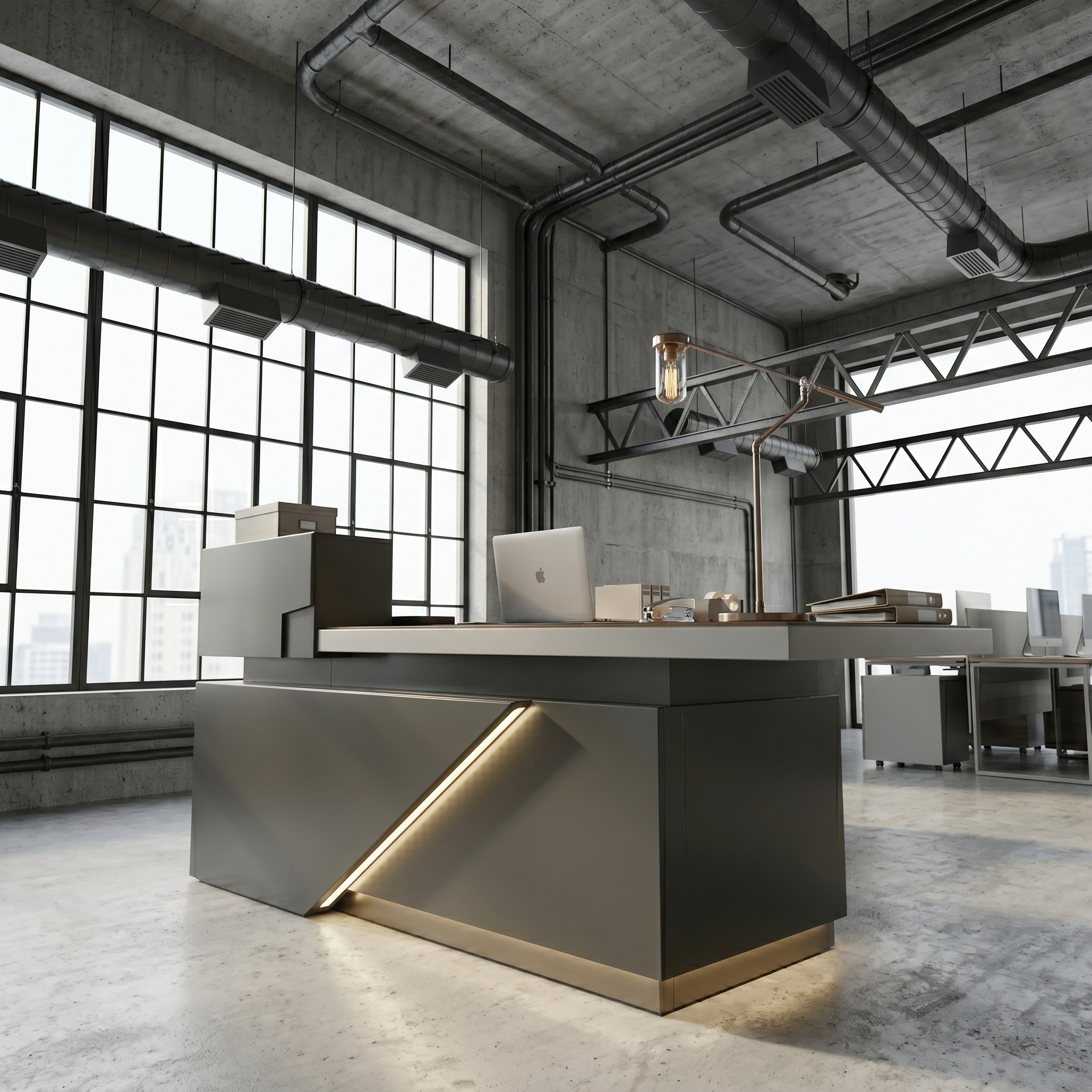 Saintcy A2024-06 79"/87" L-Shaped Executive Desk with LED Base Lighting - Chicago Industrial Modern Workstation
