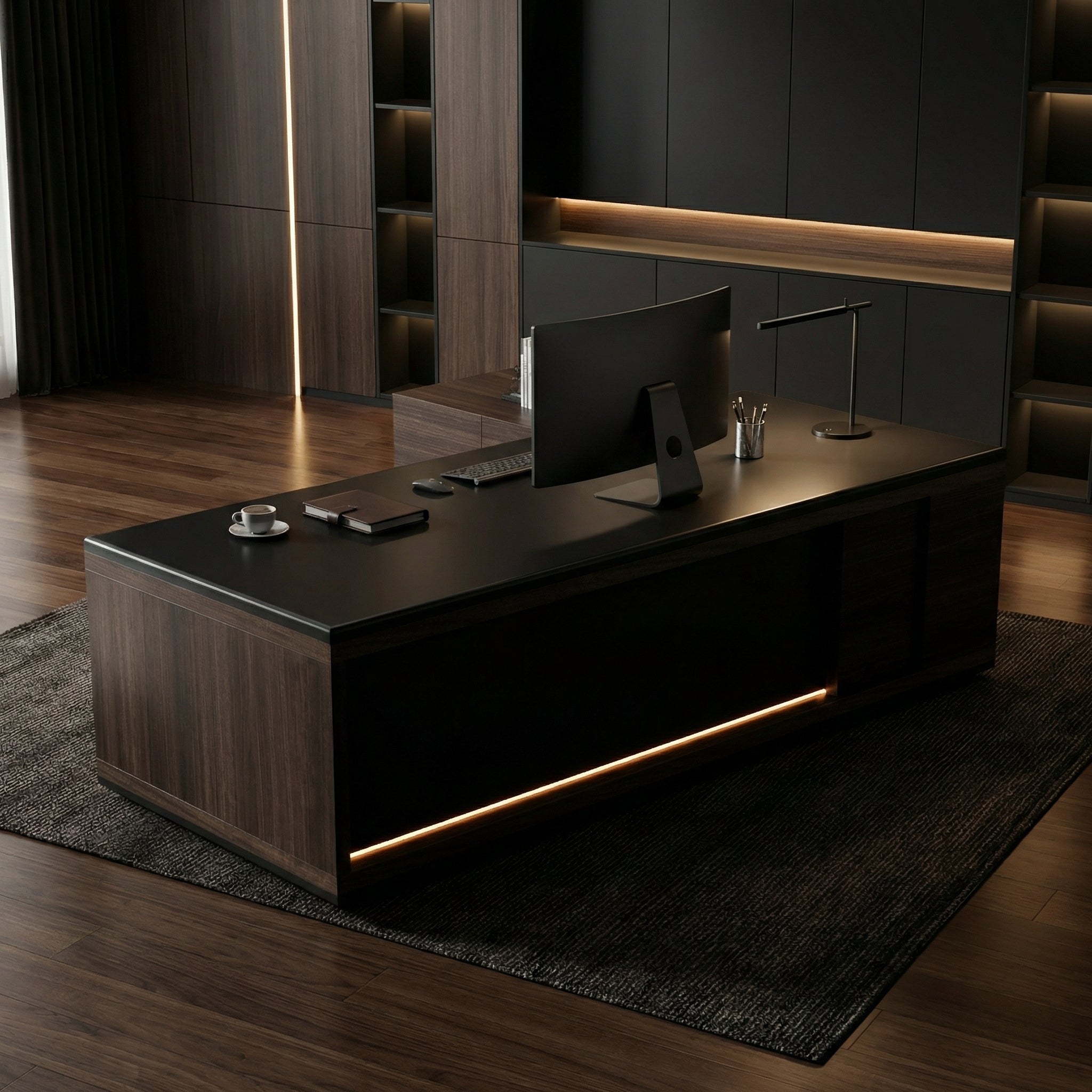 Saintcy Modern Executive L-Shaped Desk with Integrated Storage & Architectural Detailing | 2800 × 1800 mm
