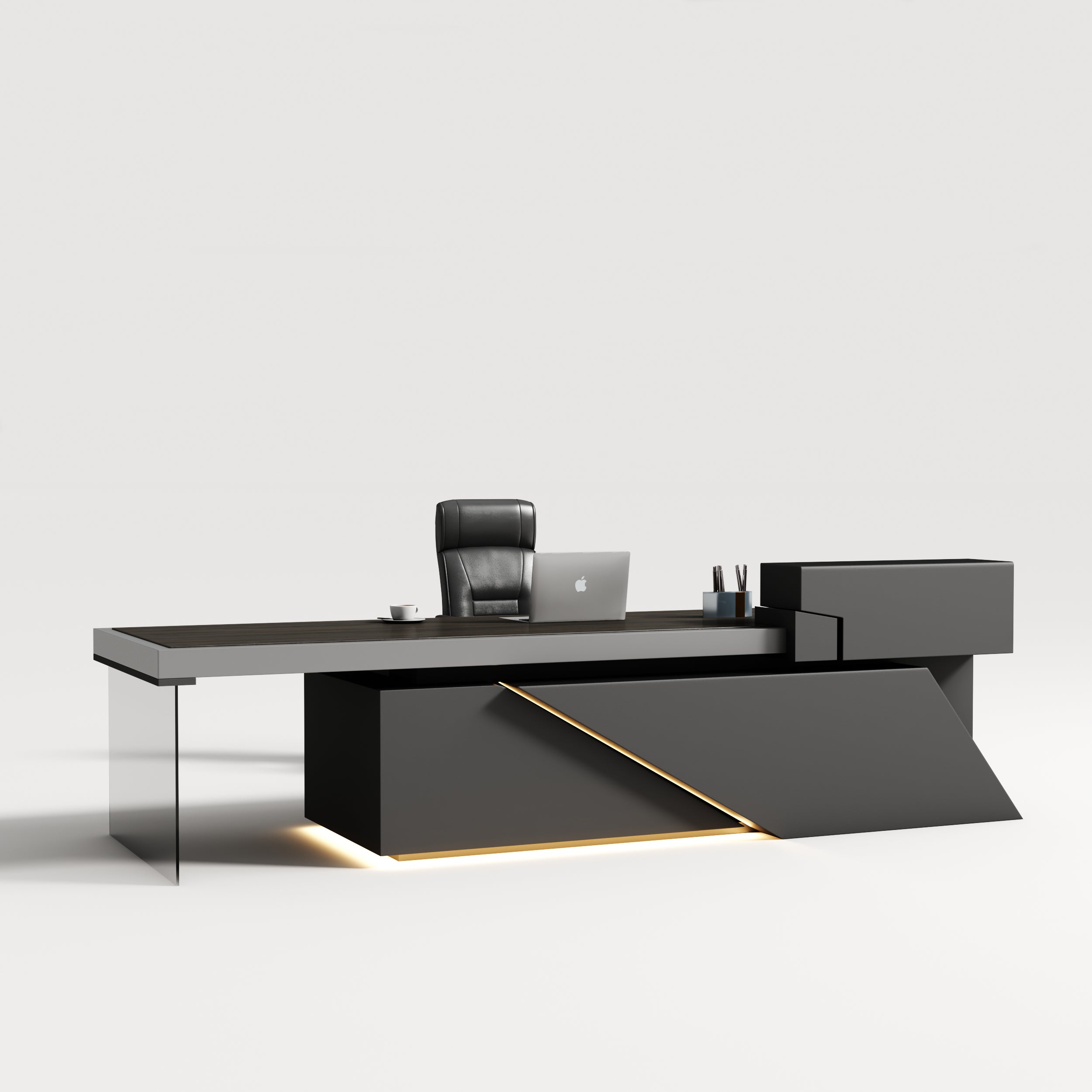 Saintcy Architectural Executive Desk with Integrated Side Cabinet & Linear Detailing | 3200 × 1800 mm
