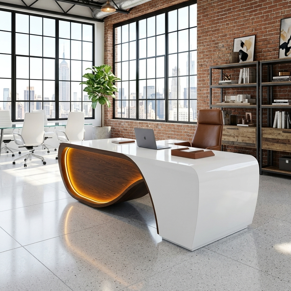 Saintcy A2026-01 Luxury Organic Curve Executive Desk - 110.24" Gloss White Architectural Workstation with Integrated LED Illumination