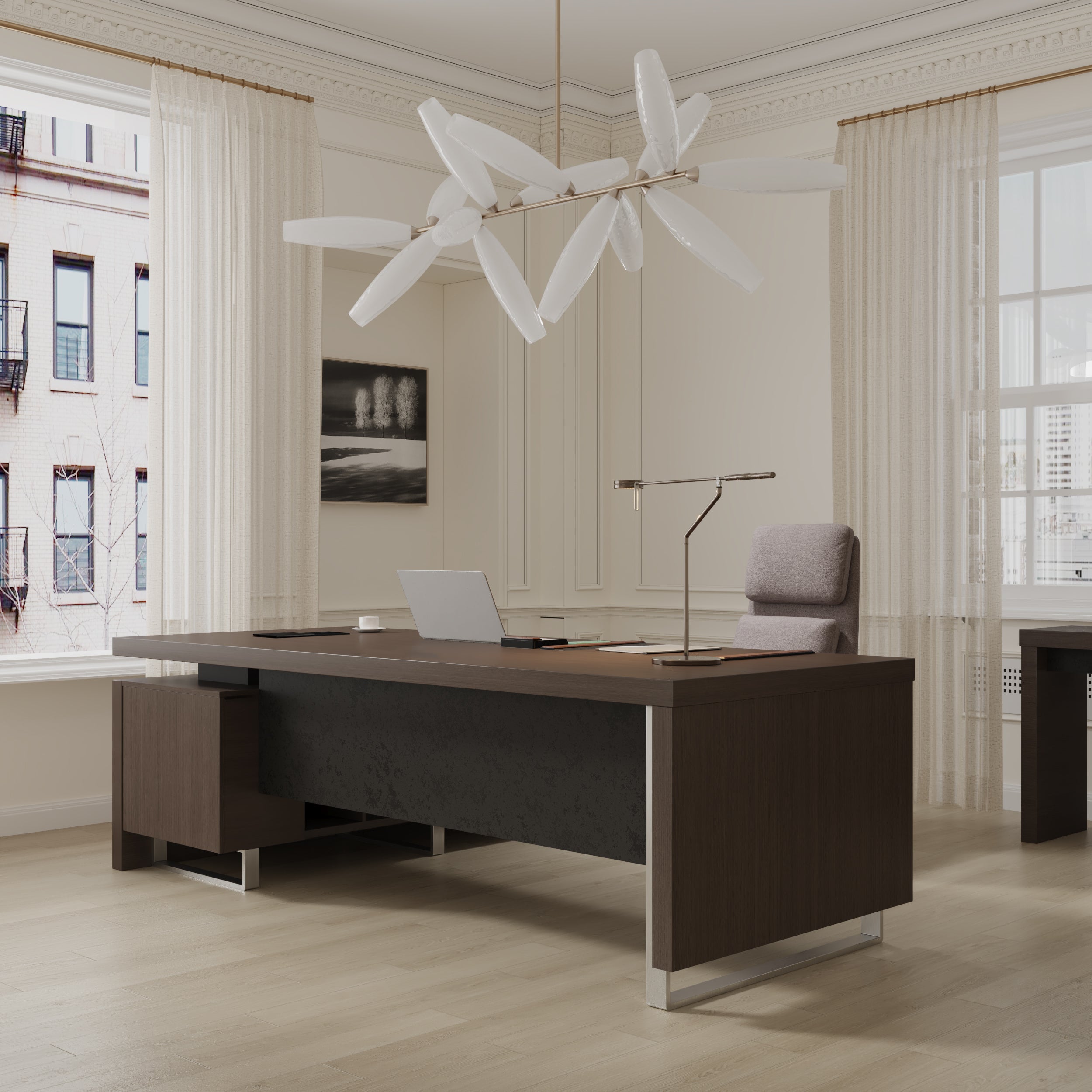 Saintcy D802 Luxury L-Shaped Executive Desk - 94" Modern Managerial Workstation with Floating Top and Chrome Sled Accents