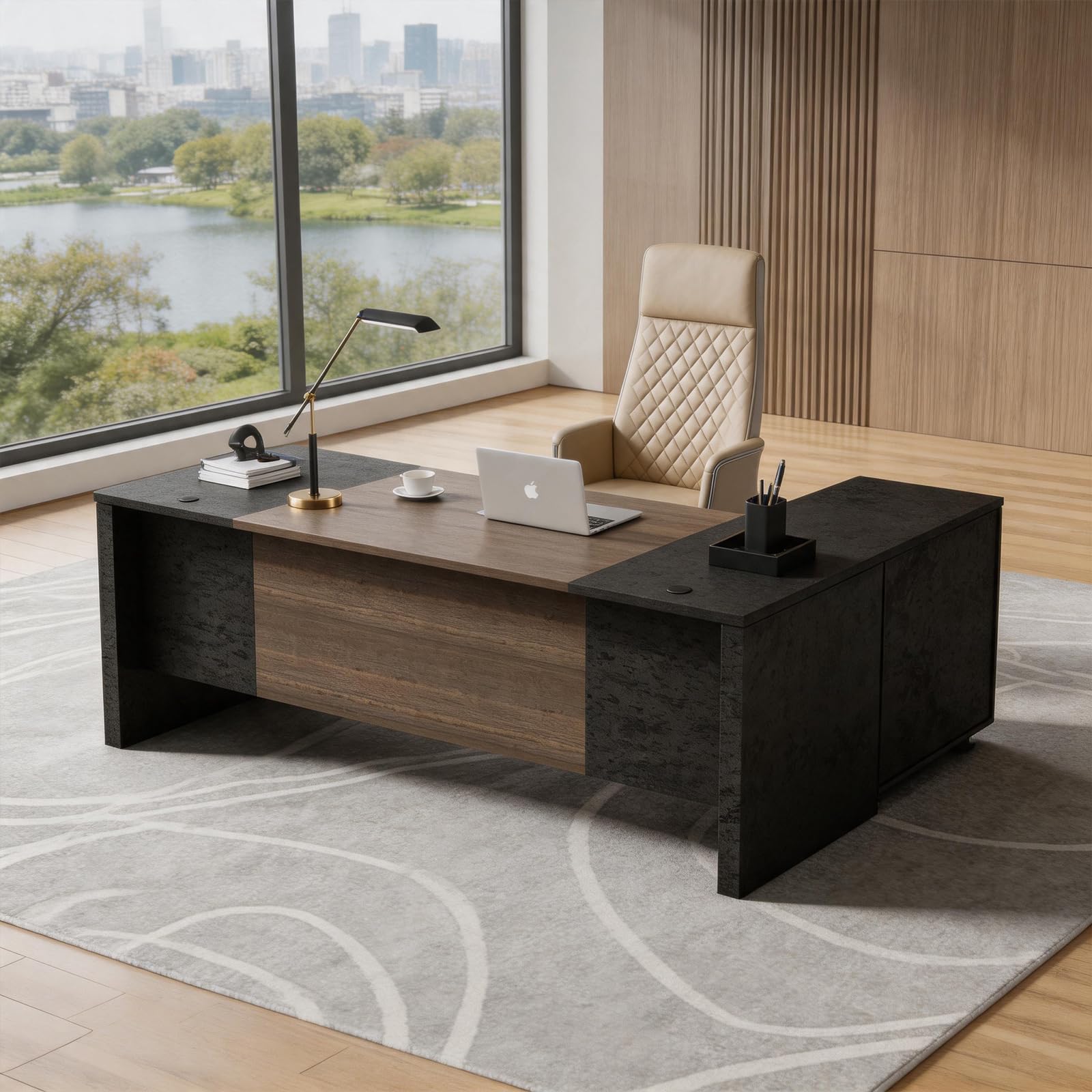 Saintcy D806 Luxury Executive L-Shaped Desk - 63" Modern Command Workstation with Mixed-Media Framing & Integrated Side Return
