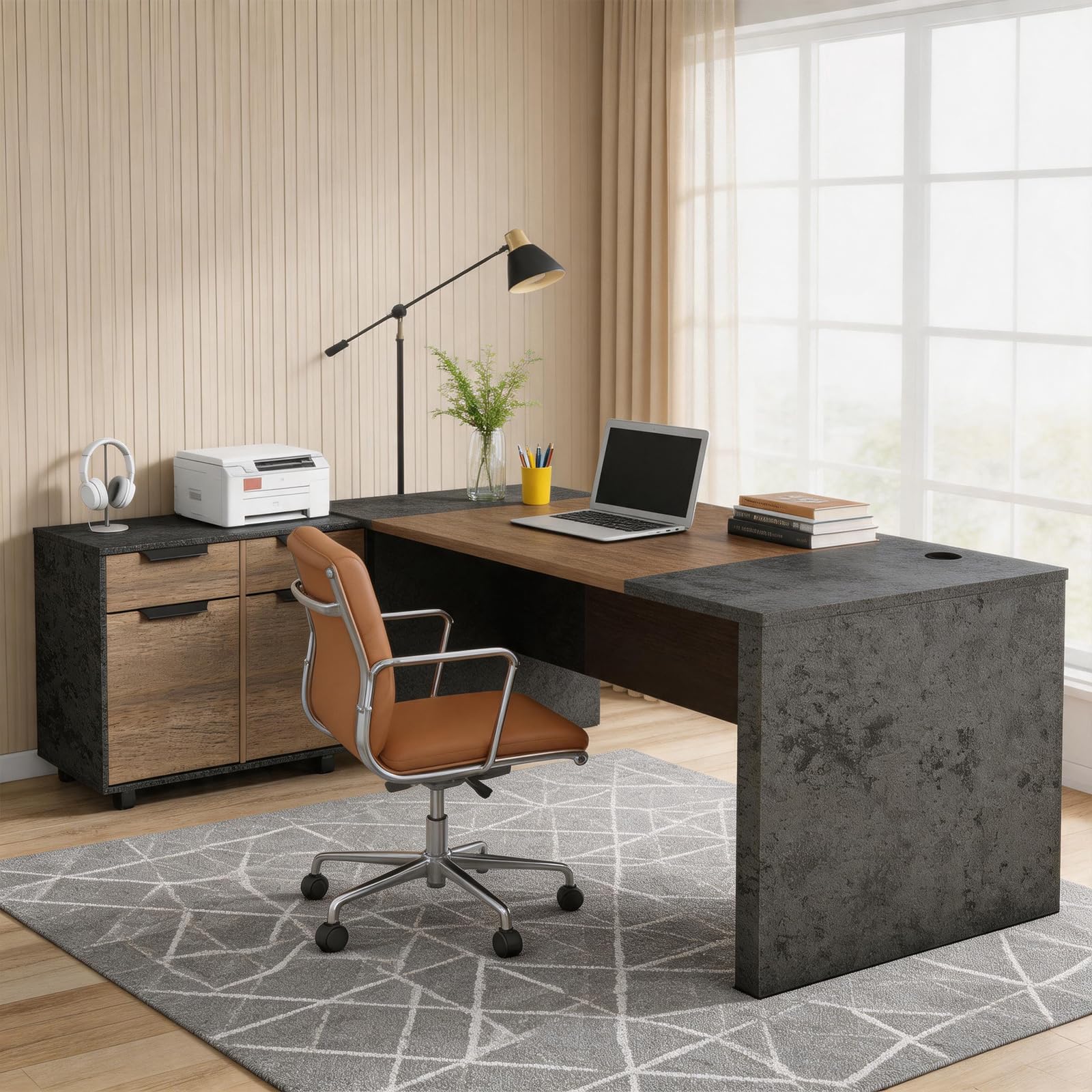 Saintcy D806 Luxury Executive L-Shaped Desk - 63" Modern Command Workstation with Mixed-Media Framing & Integrated Side Return