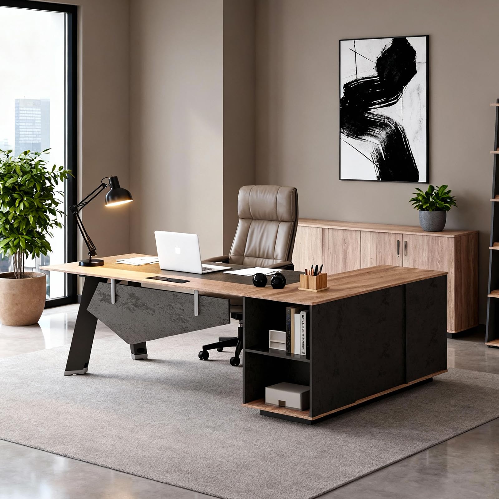 Saintcy KJ001 Modern Architectural Executive Desk - Minimalist Industrial L-Shaped Managerial Workstation (1600 × 2000 × 750 mm)