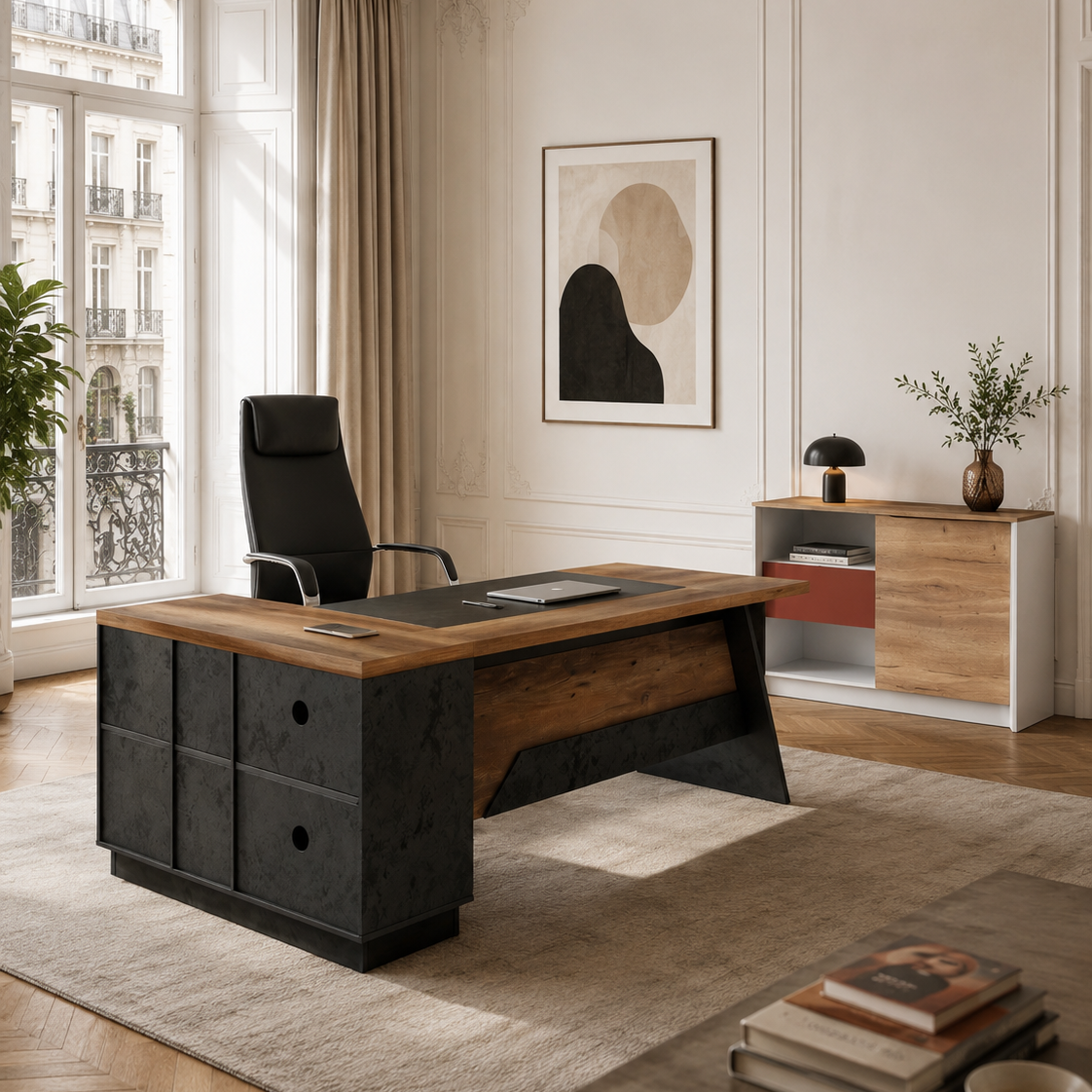 Saintcy XS005 Modern Minimalist Low Credenza - 1.2m Compact Office Side Cabinet with Sliding Door and Terracotta Drawer