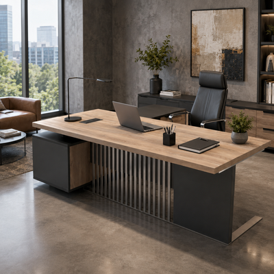 Saintcy Modern Executive L-Shaped Desk with Integrated Storage & Slatted Front Detail