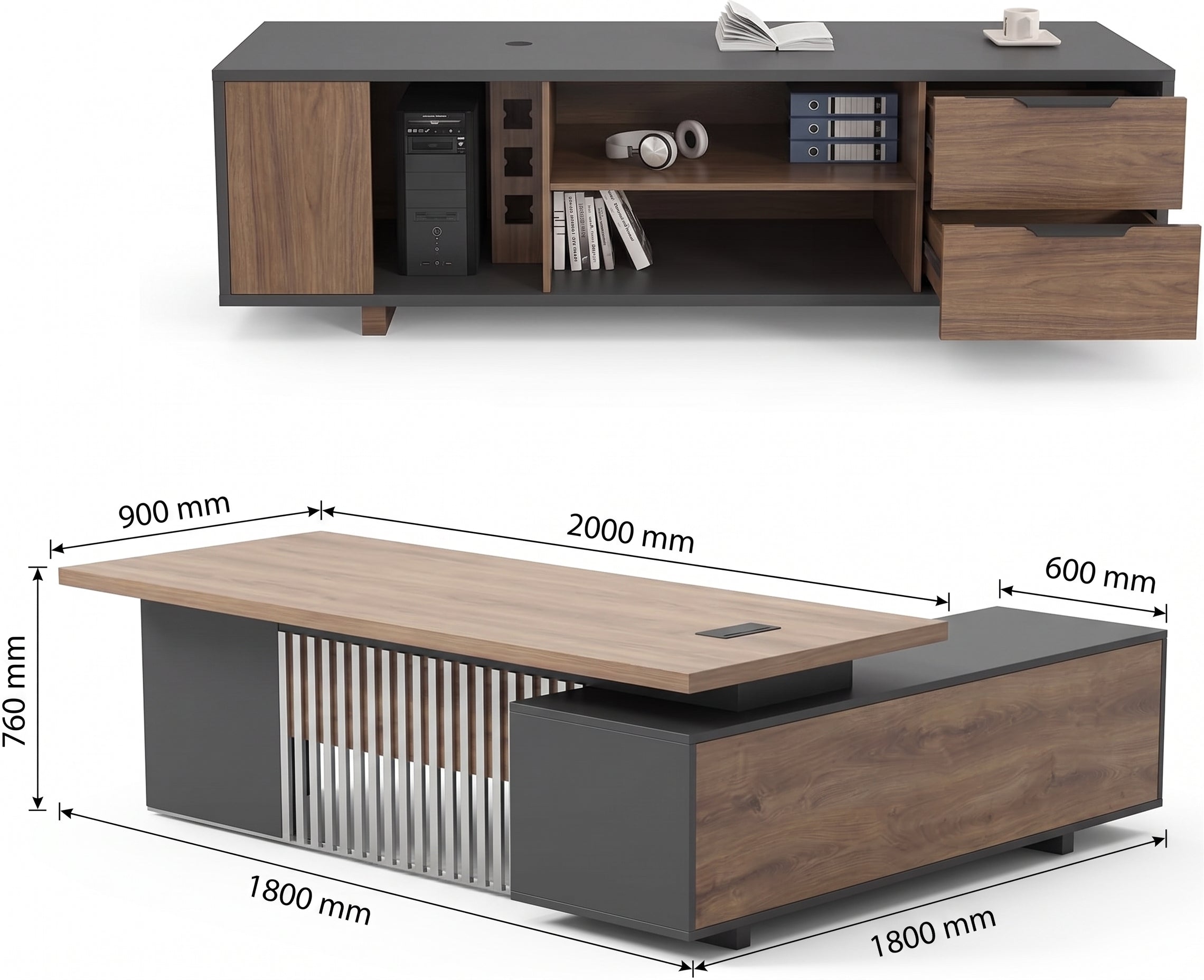 Saintcy Modern Executive L-Shaped Desk with Integrated Storage & Slatted Front Detail