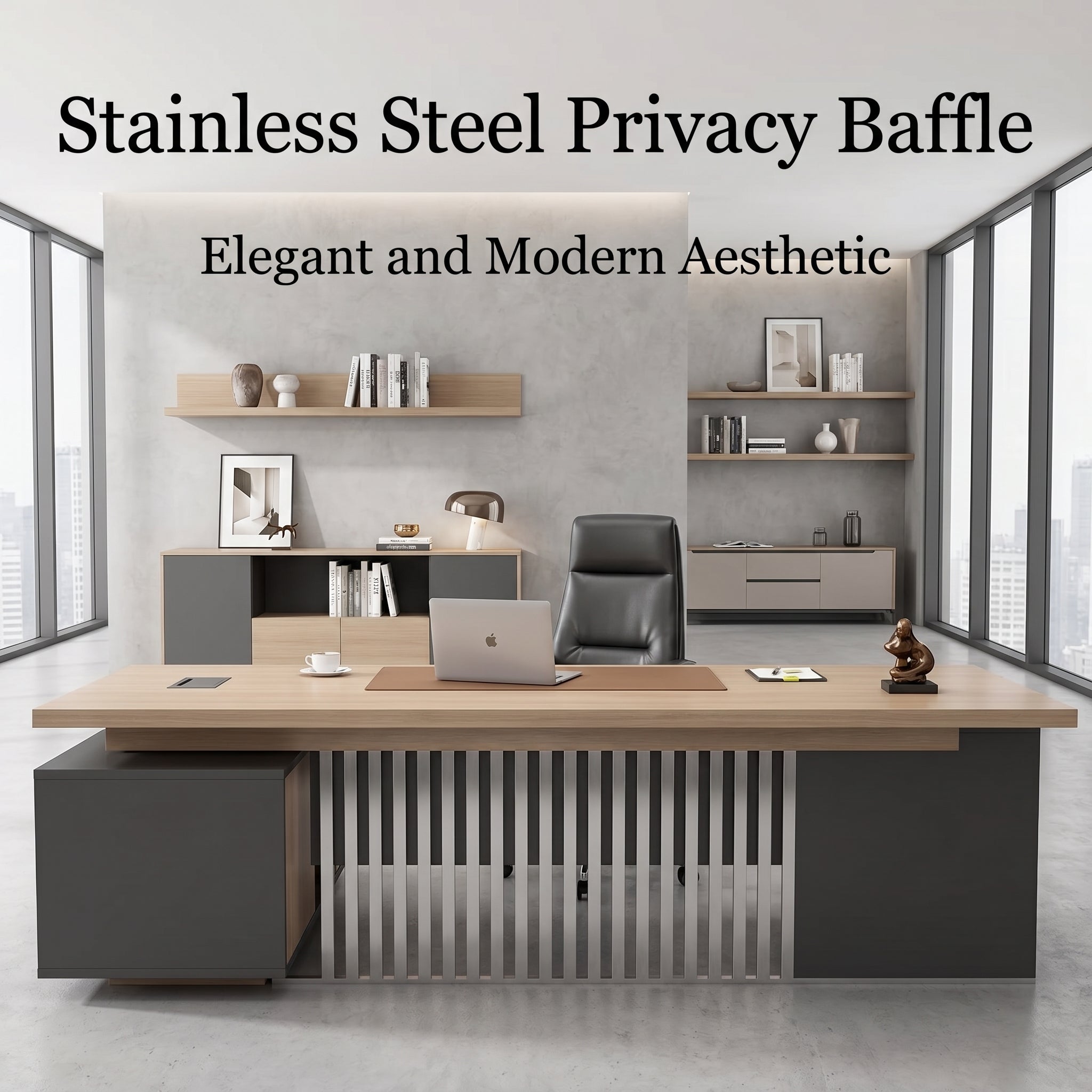 Saintcy Modern Executive L-Shaped Desk with Integrated Storage & Slatted Front Detail