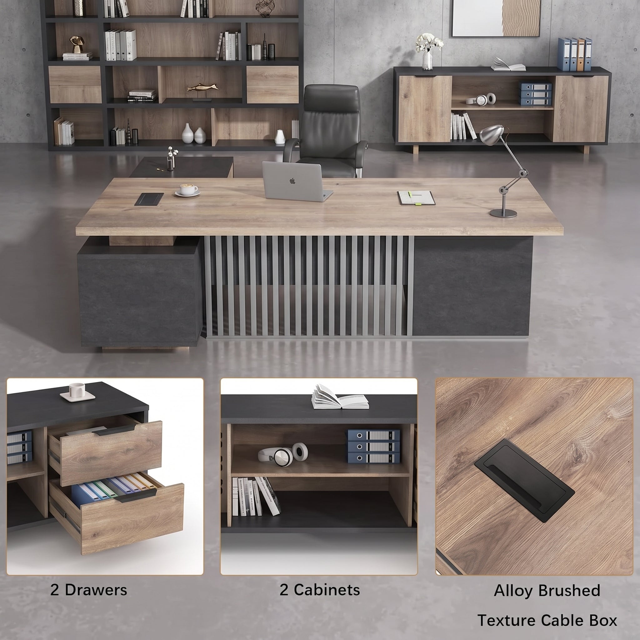 Saintcy Modern Executive L-Shaped Desk with Integrated Storage & Slatted Front Detail
