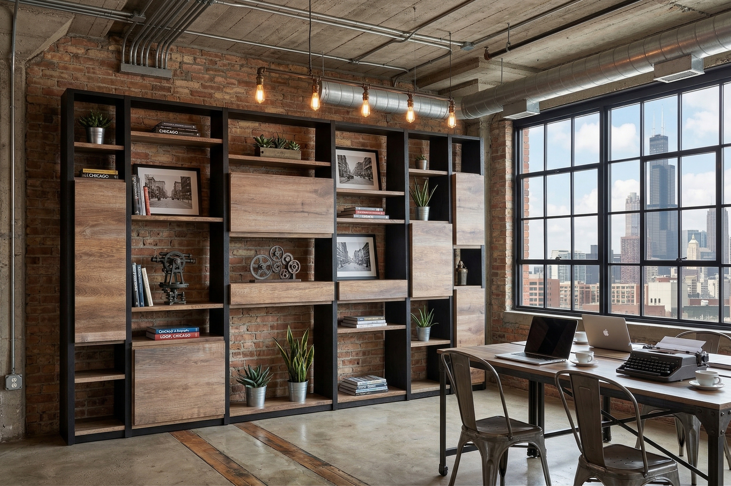 SAINTCY Modern Architectural Wall Bookshelf - Large Industrial Modular Display Cabinet with Mixed Storage for Executive Offices