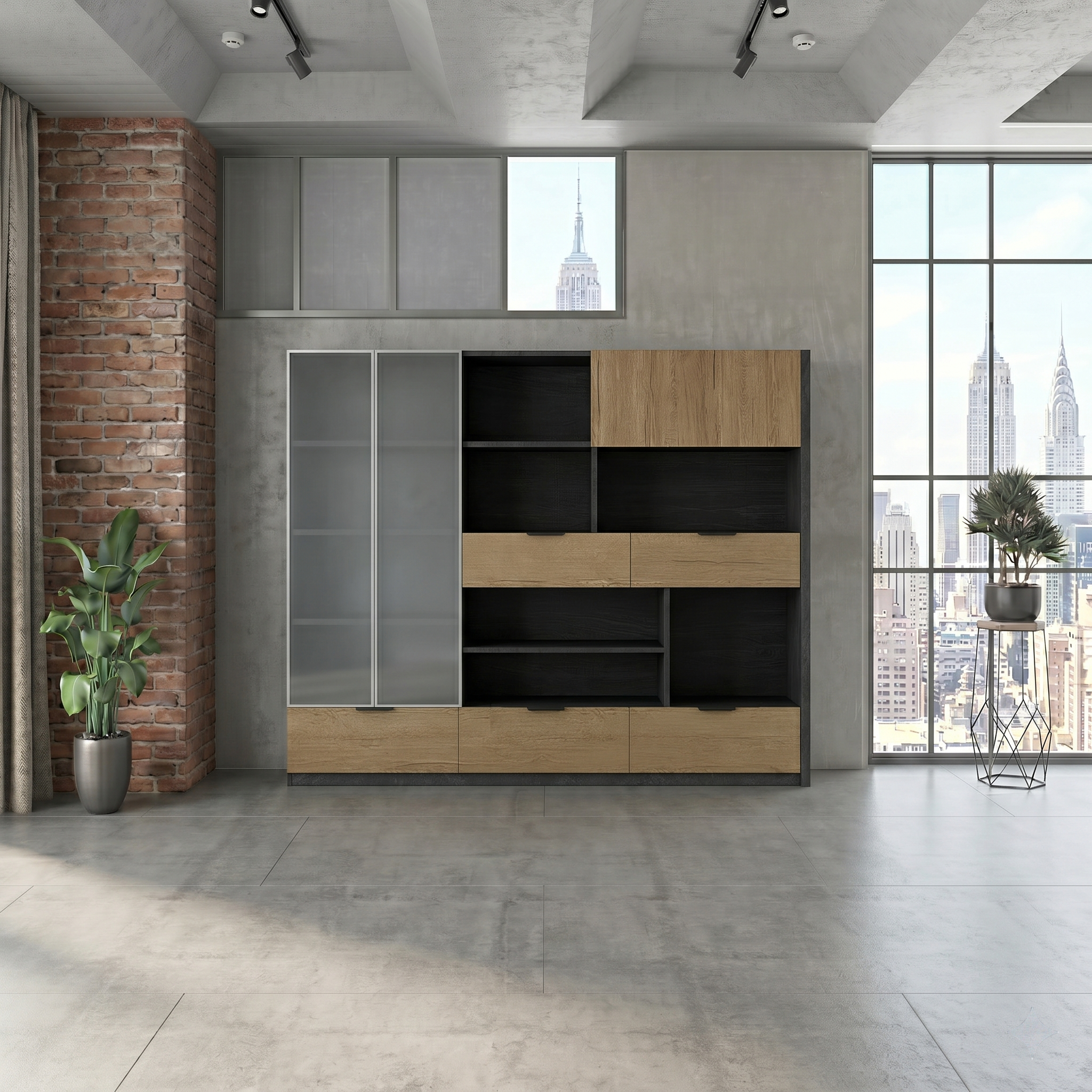 Architectural Executive Bookcase - Modern 2.4m Modular Wall Cabinet with Frosted Glass Doors