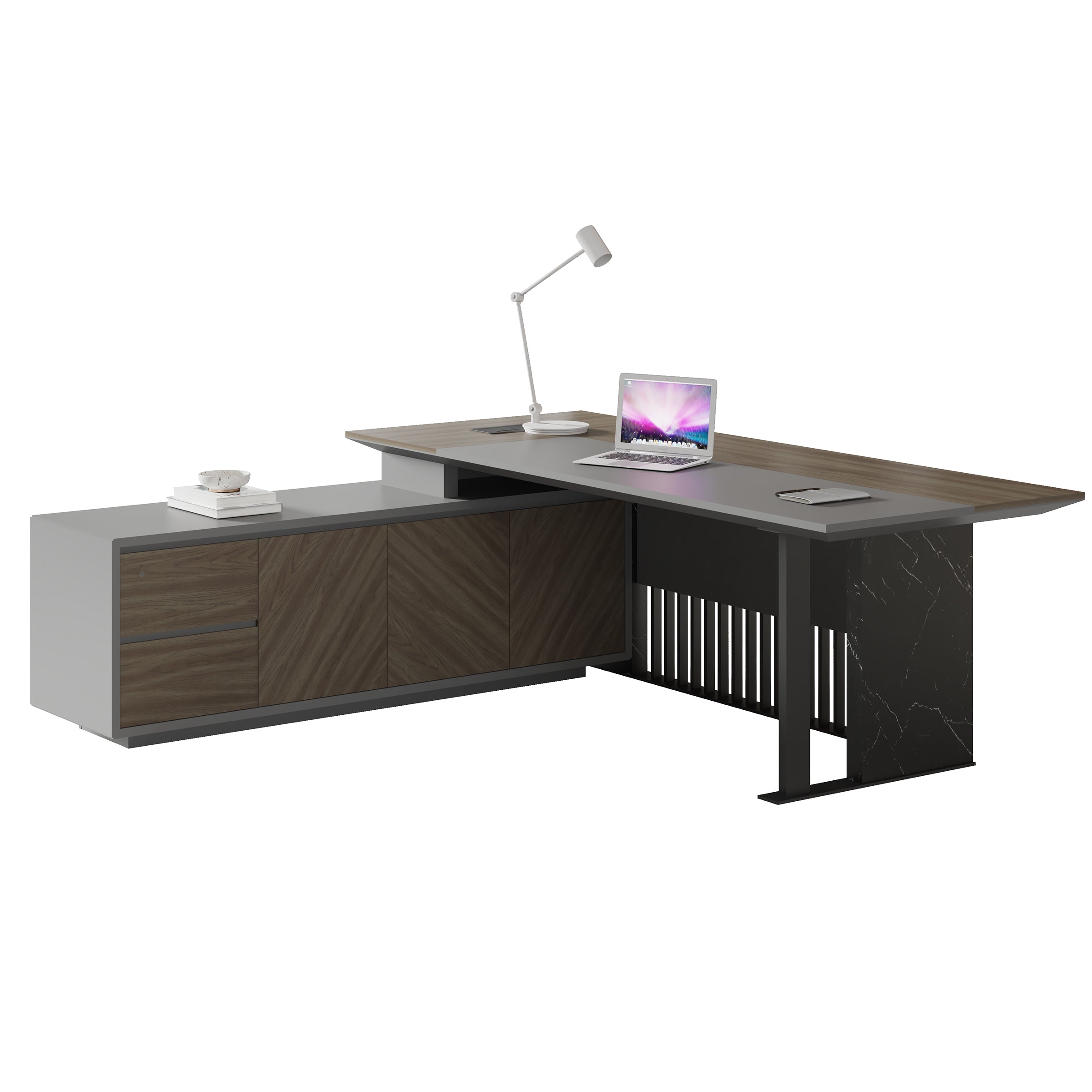 Saintcy W601 Luxury L-Shaped Executive Desk - Modern Industrial Command Workstation with Slatted Metal Screen & Marble Accent (87" / 110" / 126")