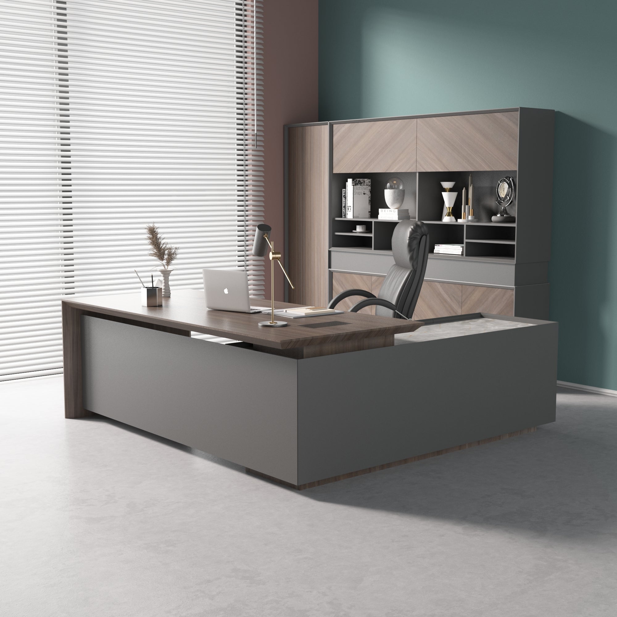 Saintcy W605 Luxury L-Shaped Executive Desk - 87" Modern Managerial Workstation with Floating Walnut Top and Matte Gray Return