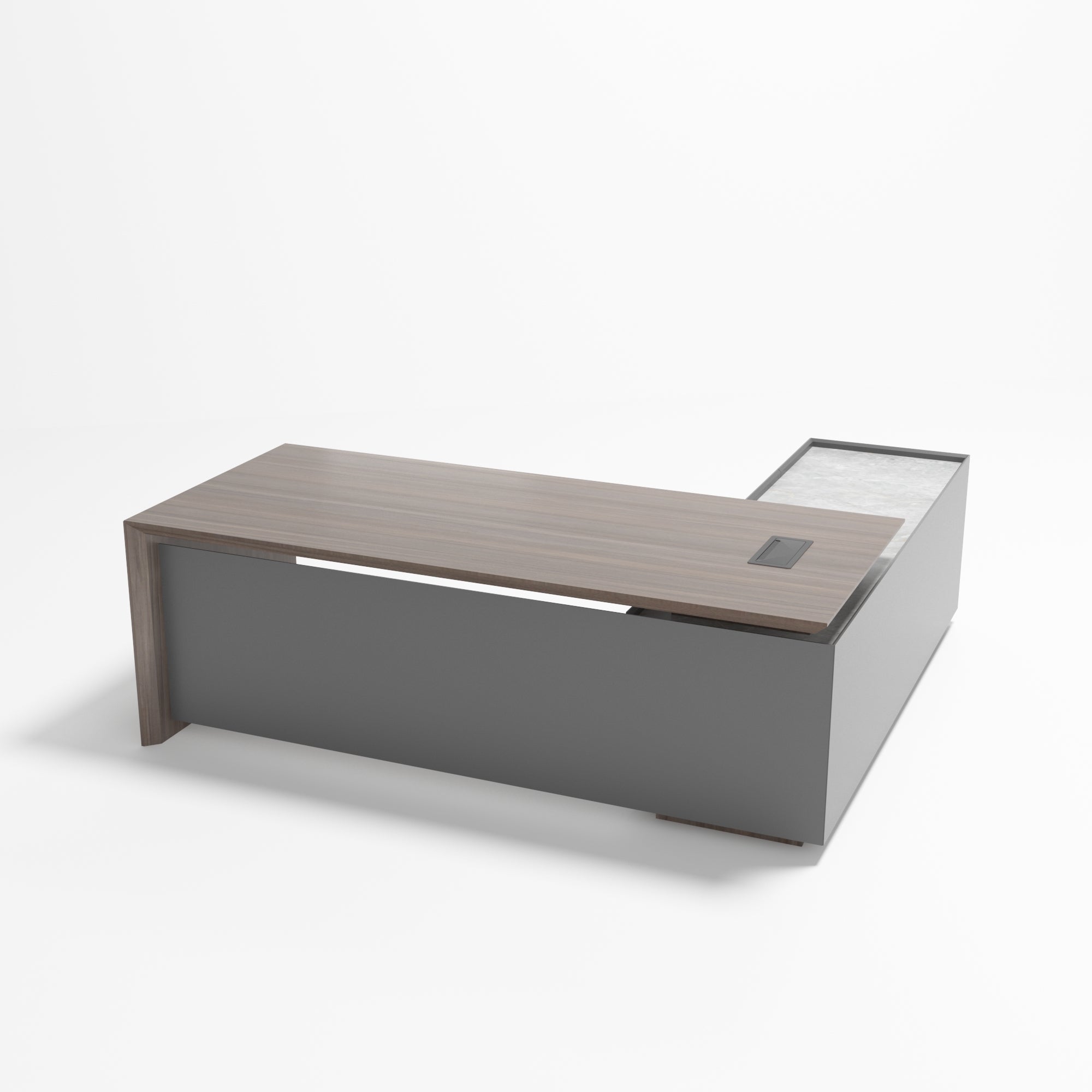 Saintcy W605 Luxury L-Shaped Executive Desk - 87" Modern Managerial Workstation with Floating Walnut Top and Matte Gray Return