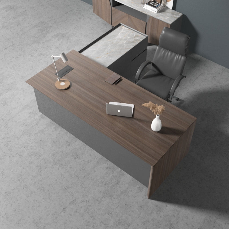 Saintcy W605 Luxury L-Shaped Executive Desk - 87" Modern Managerial Workstation with Floating Walnut Top and Matte Gray Return