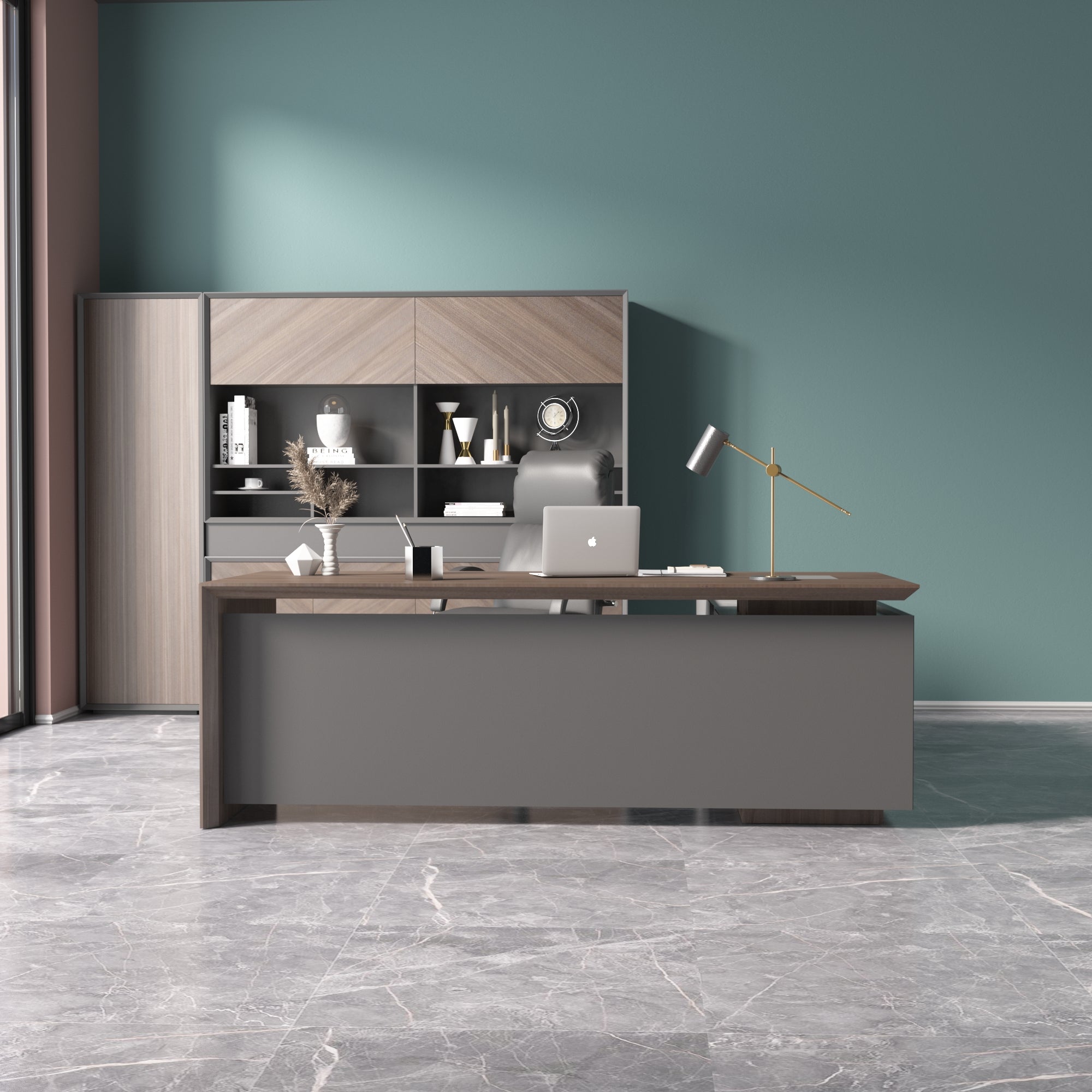 Saintcy W605 Luxury L-Shaped Executive Desk - 87" Modern Managerial Workstation with Floating Walnut Top and Matte Gray Return